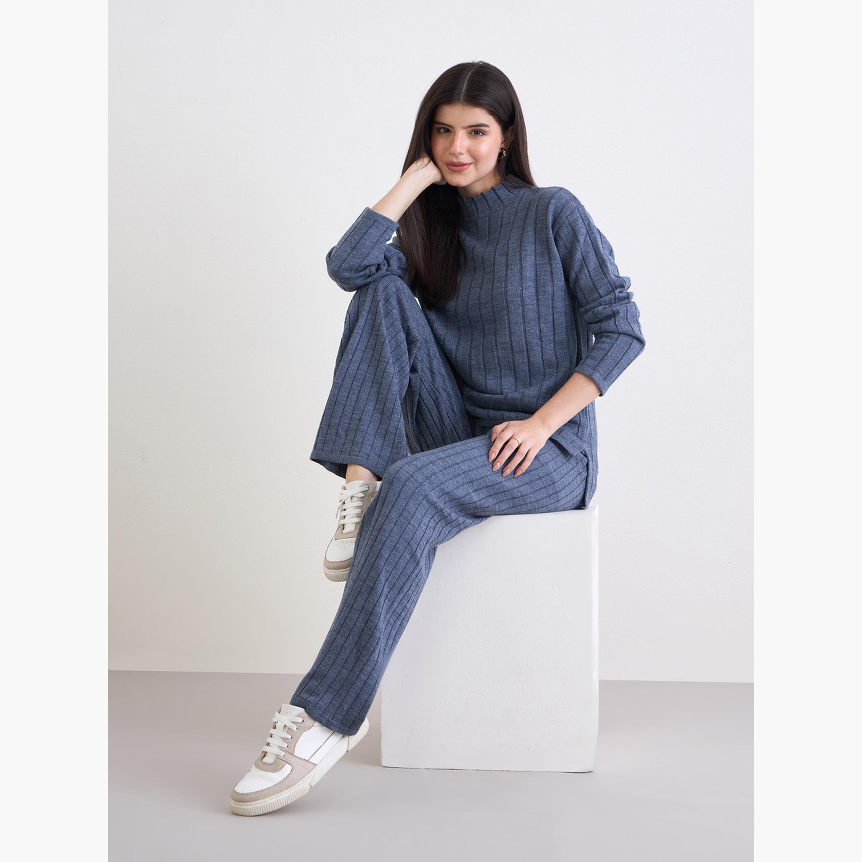 Styli Blue Ribbed Knit Longline Sweater and Pants Co-Ords-women-clothing-coordsets-image-2