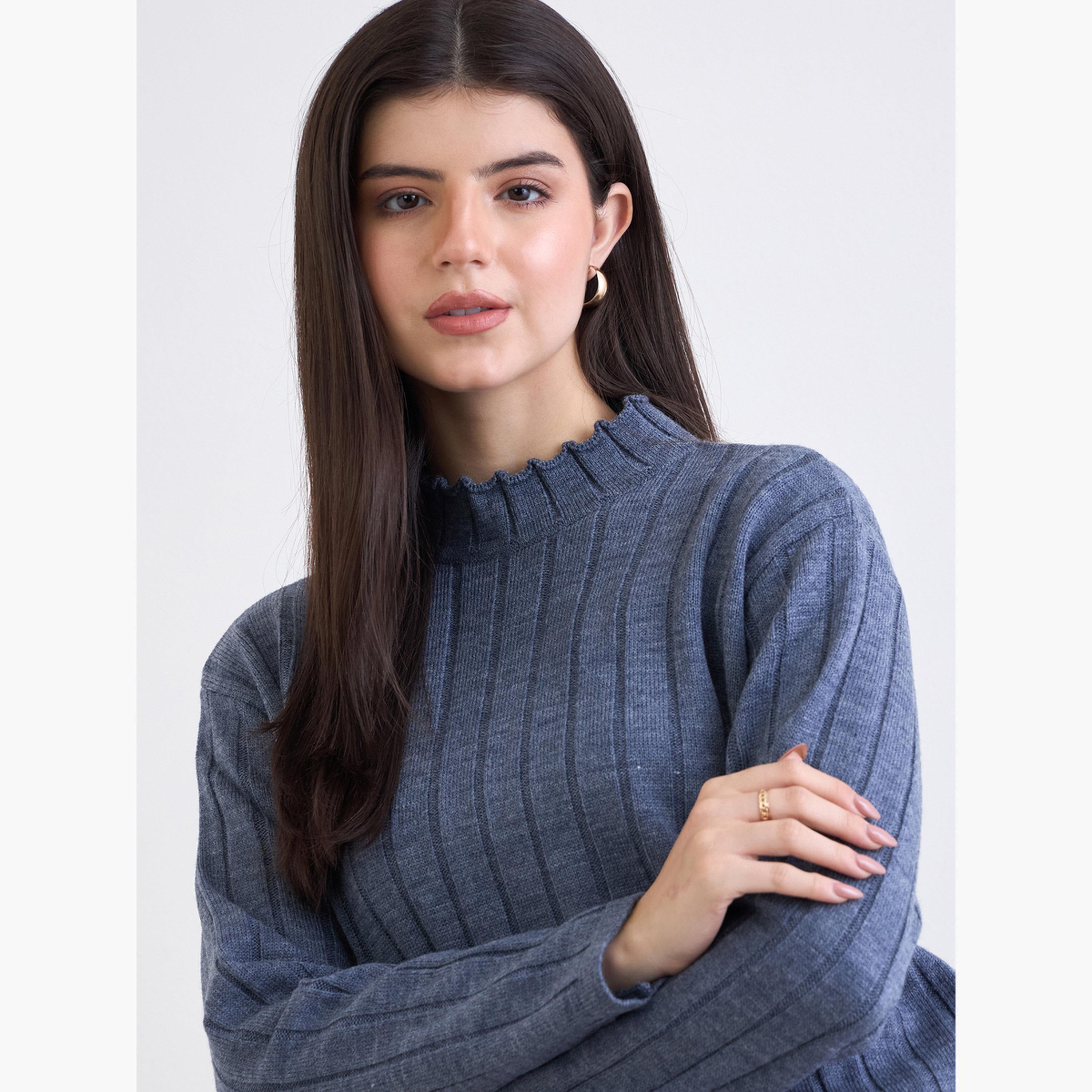 Styli Blue Ribbed Knit Longline Sweater and Pants Co-Ords-women-clothing-coordsets-image-3