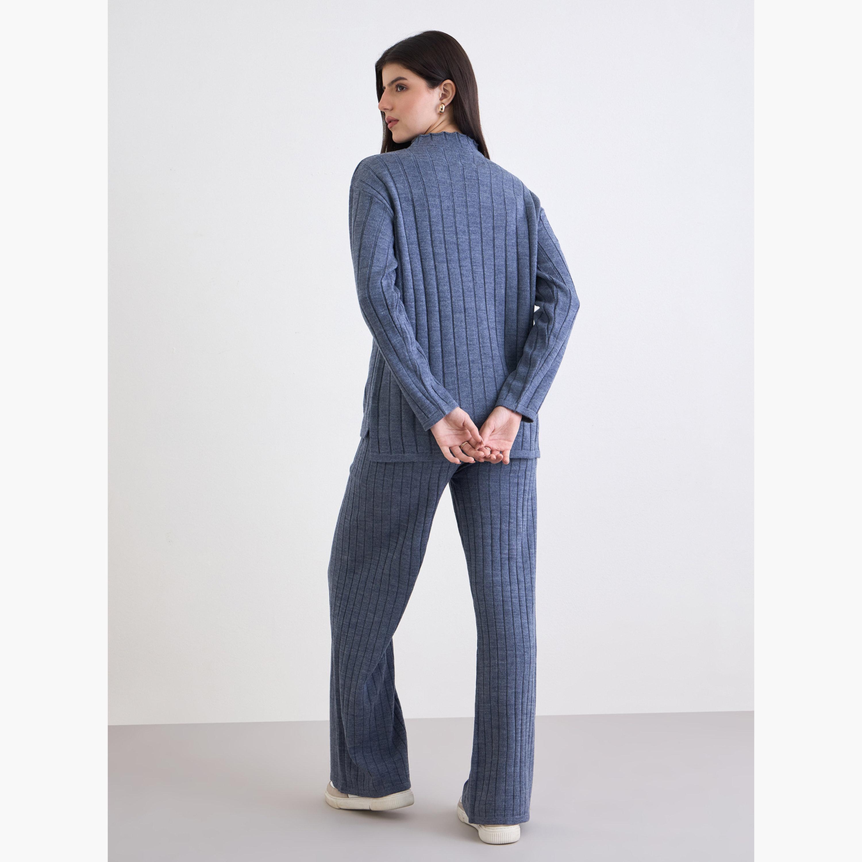 Styli Blue Ribbed Knit Longline Sweater and Pants Co-Ords-women-clothing-coordsets-image-4