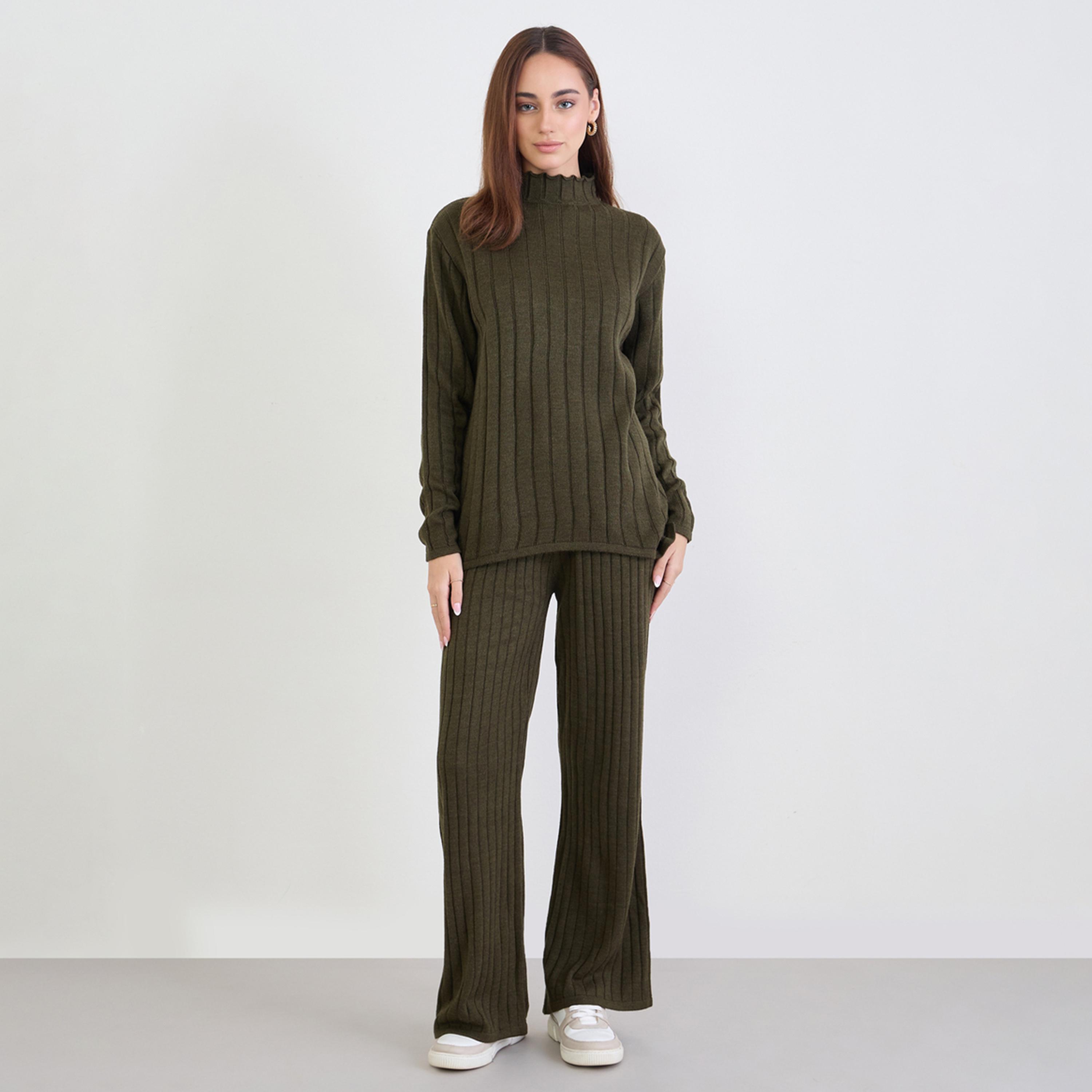 ستايلي - سترة طويلة محبوكة مضلعة لون زيتوني مع بنطال-women-clothing-coordsets-image-1