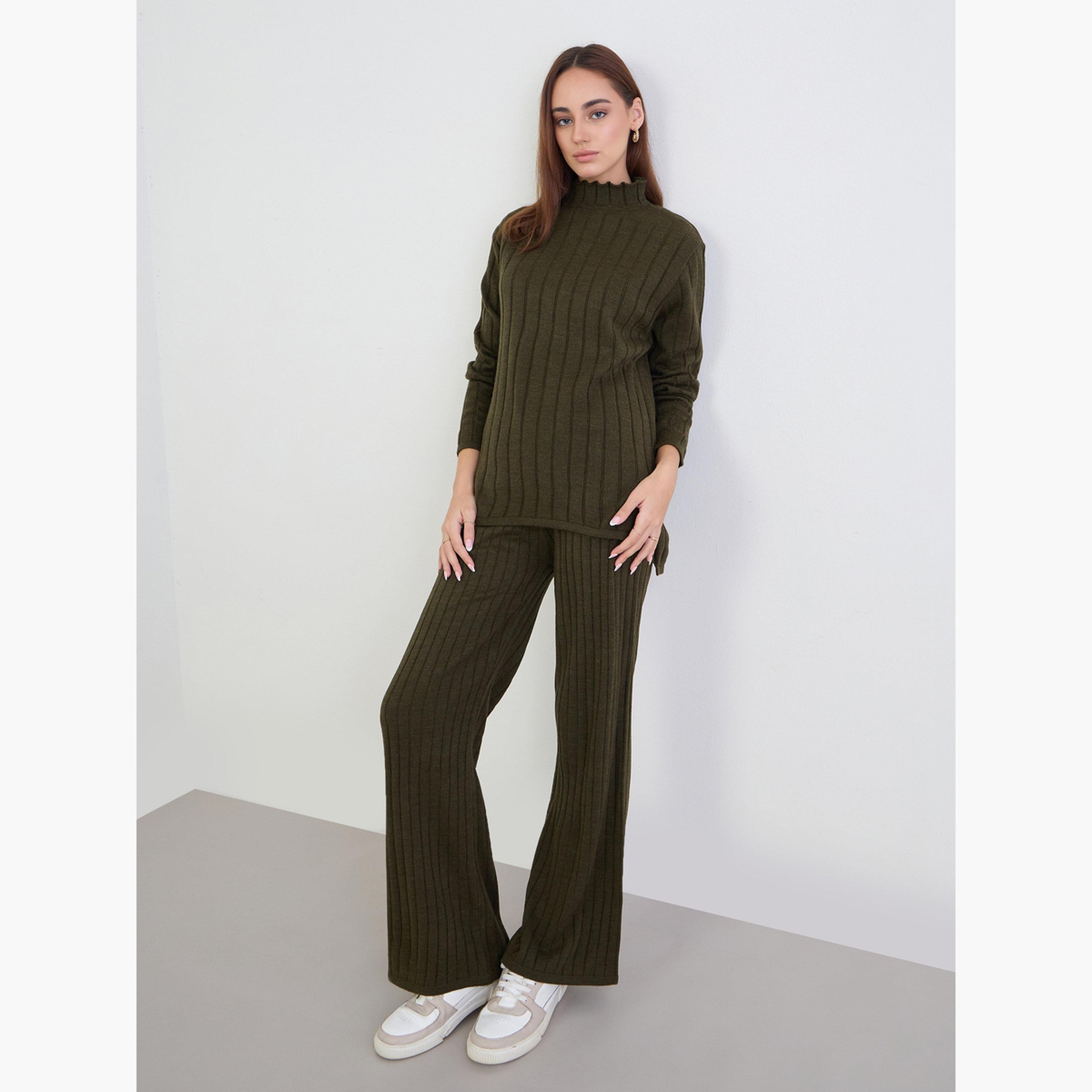 ستايلي - سترة طويلة محبوكة مضلعة لون زيتوني مع بنطال-women-clothing-coordsets-image-2
