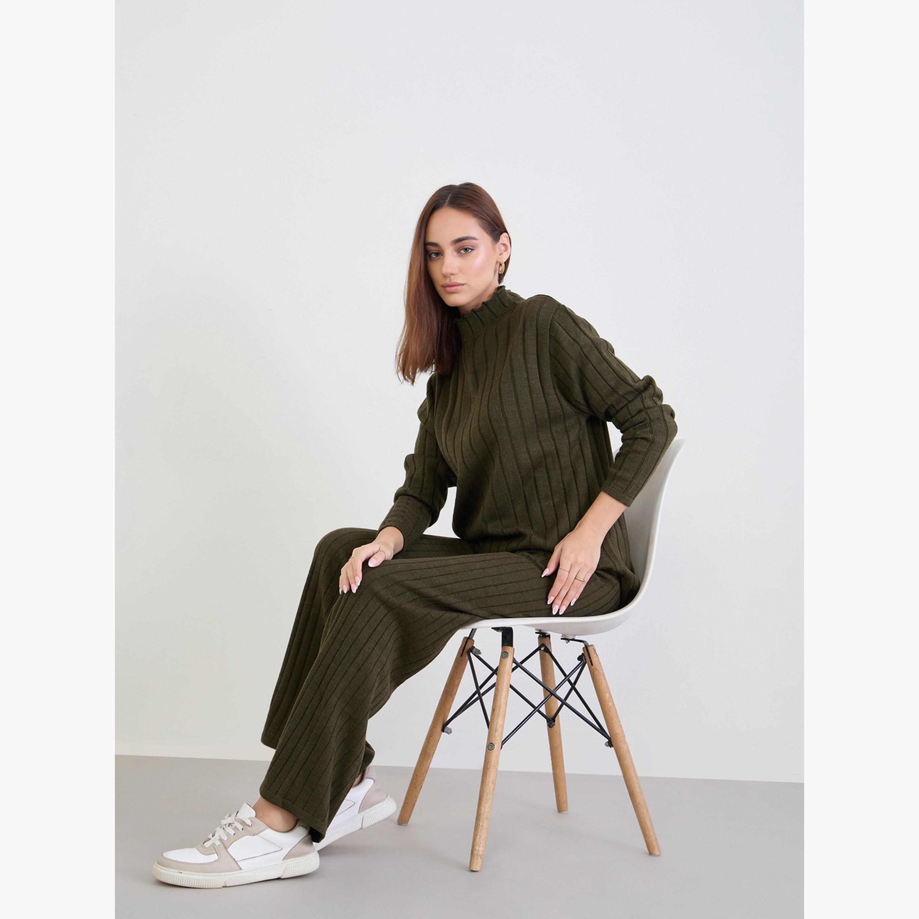 ستايلي - سترة طويلة محبوكة مضلعة لون زيتوني مع بنطال-women-clothing-coordsets-image-3