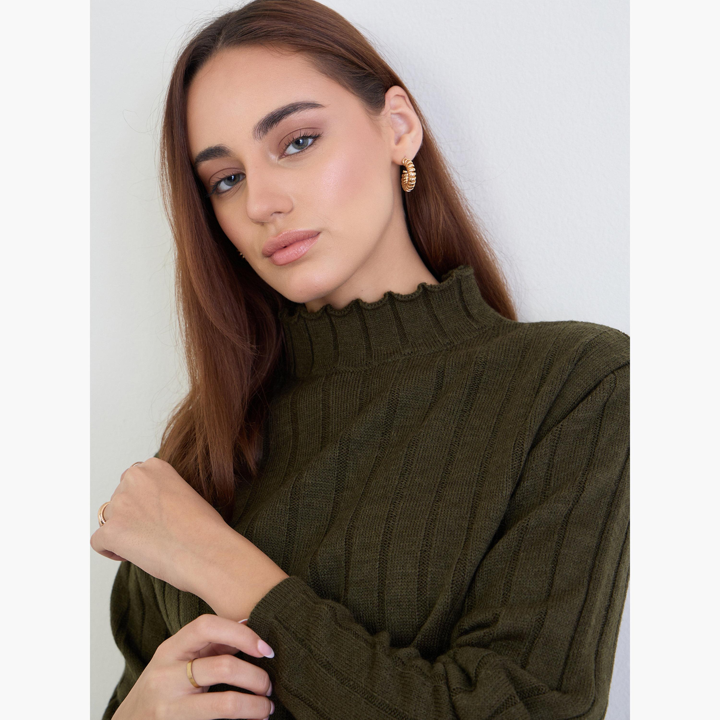 Styli Olive Ribbed Knit Longline Sweater and Pants Co-Ords-women-clothing-coordsets-image-4