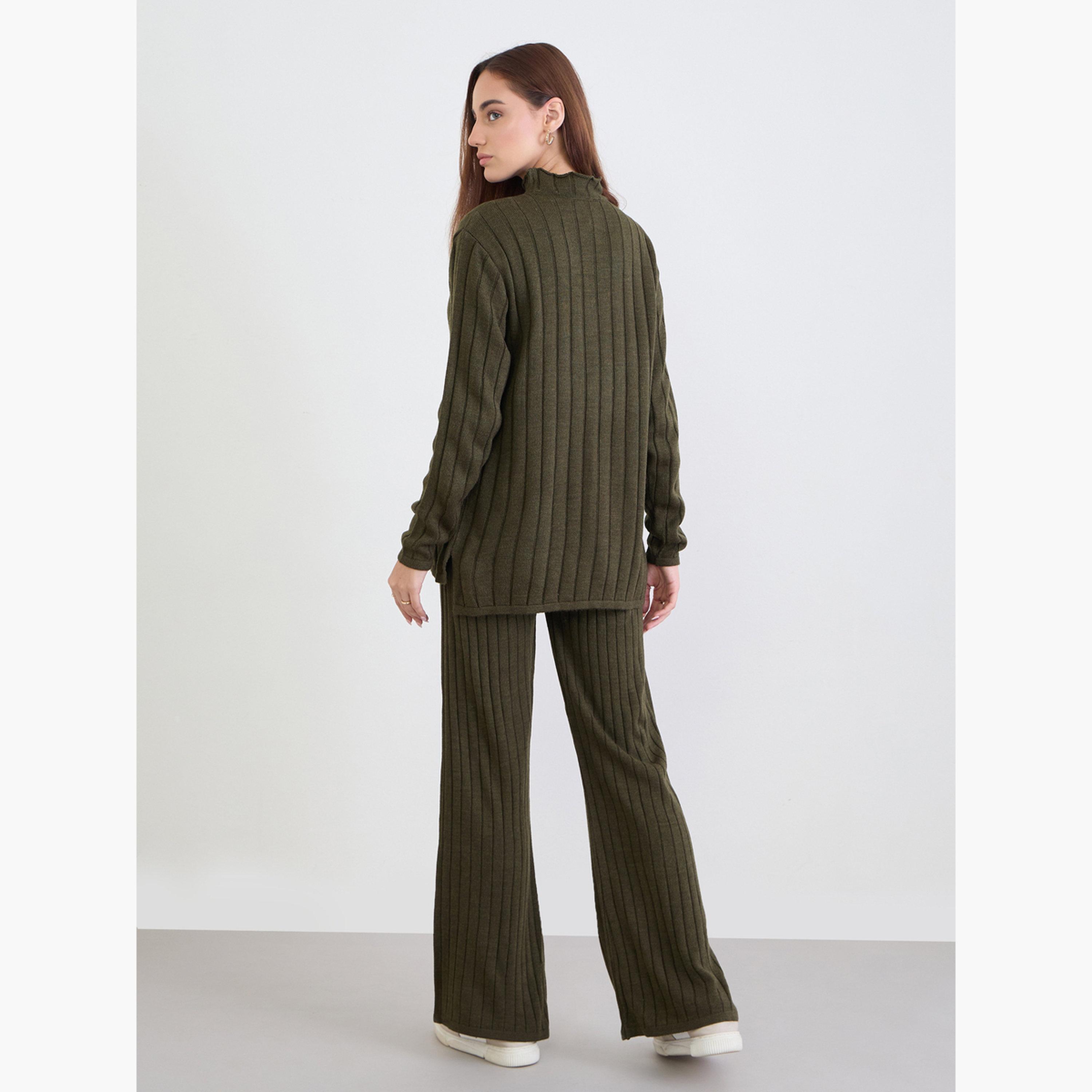 ستايلي - سترة طويلة محبوكة مضلعة لون زيتوني مع بنطال-women-clothing-coordsets-image-5