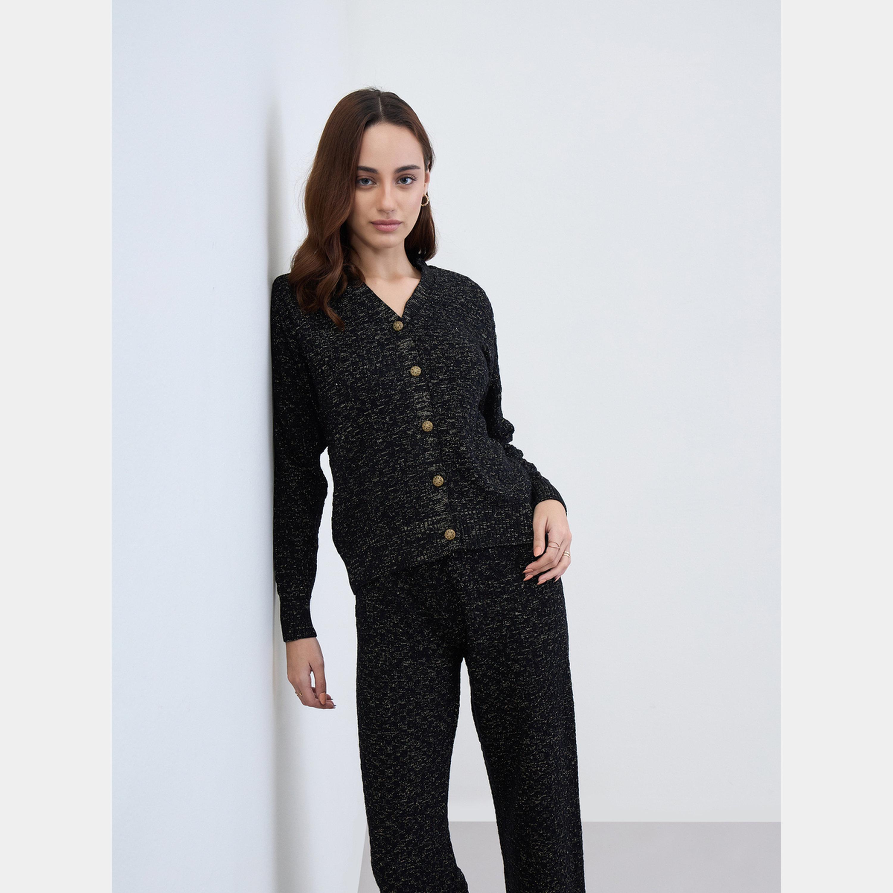 ستايلي - كارديجان لوركس أسود محبوك مع بنطال-women-clothing-coordsets-image-2