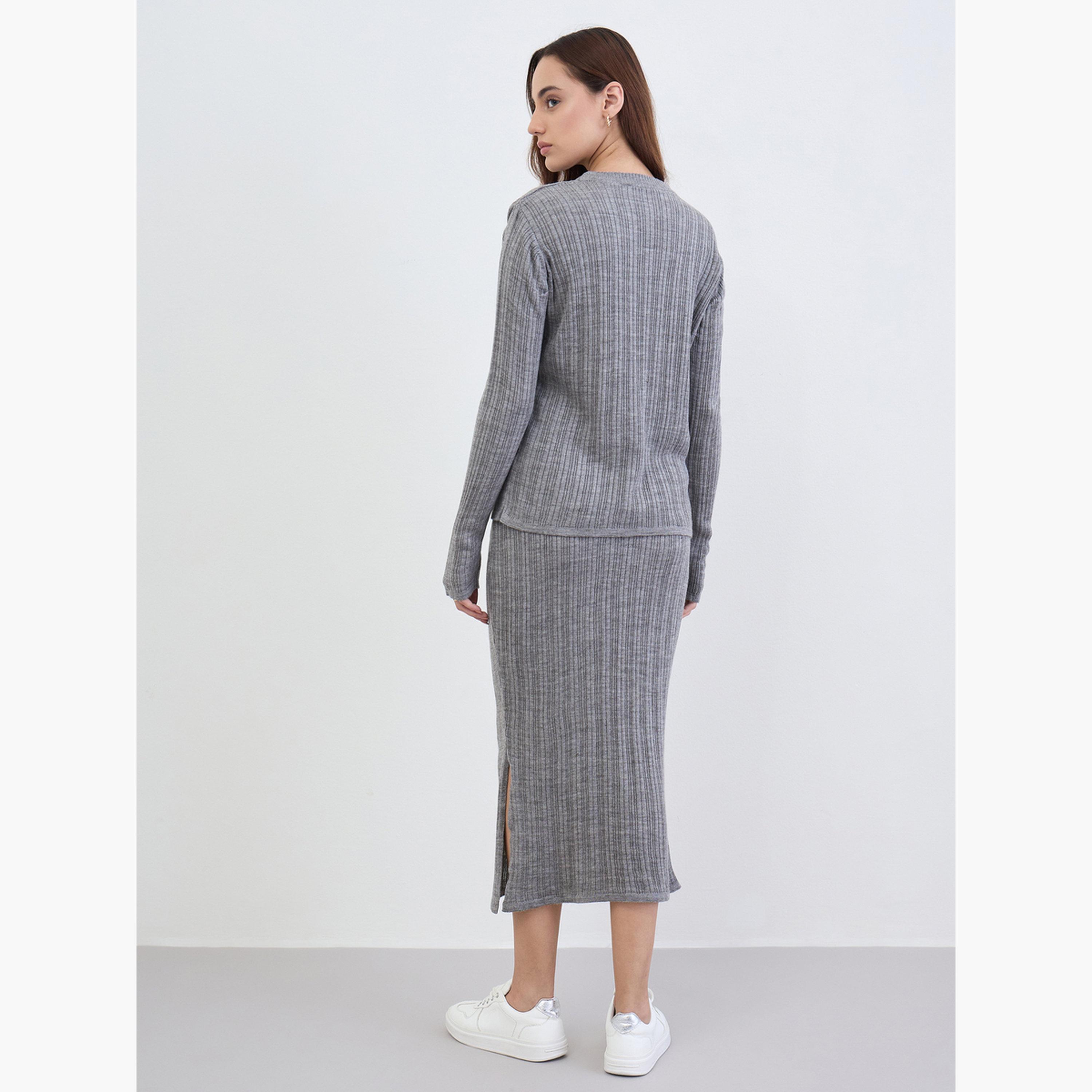 ستايلي - سترة رمادية مضلعة محبوكة وتنورة منسقة-women-clothing-coordsets-image-5