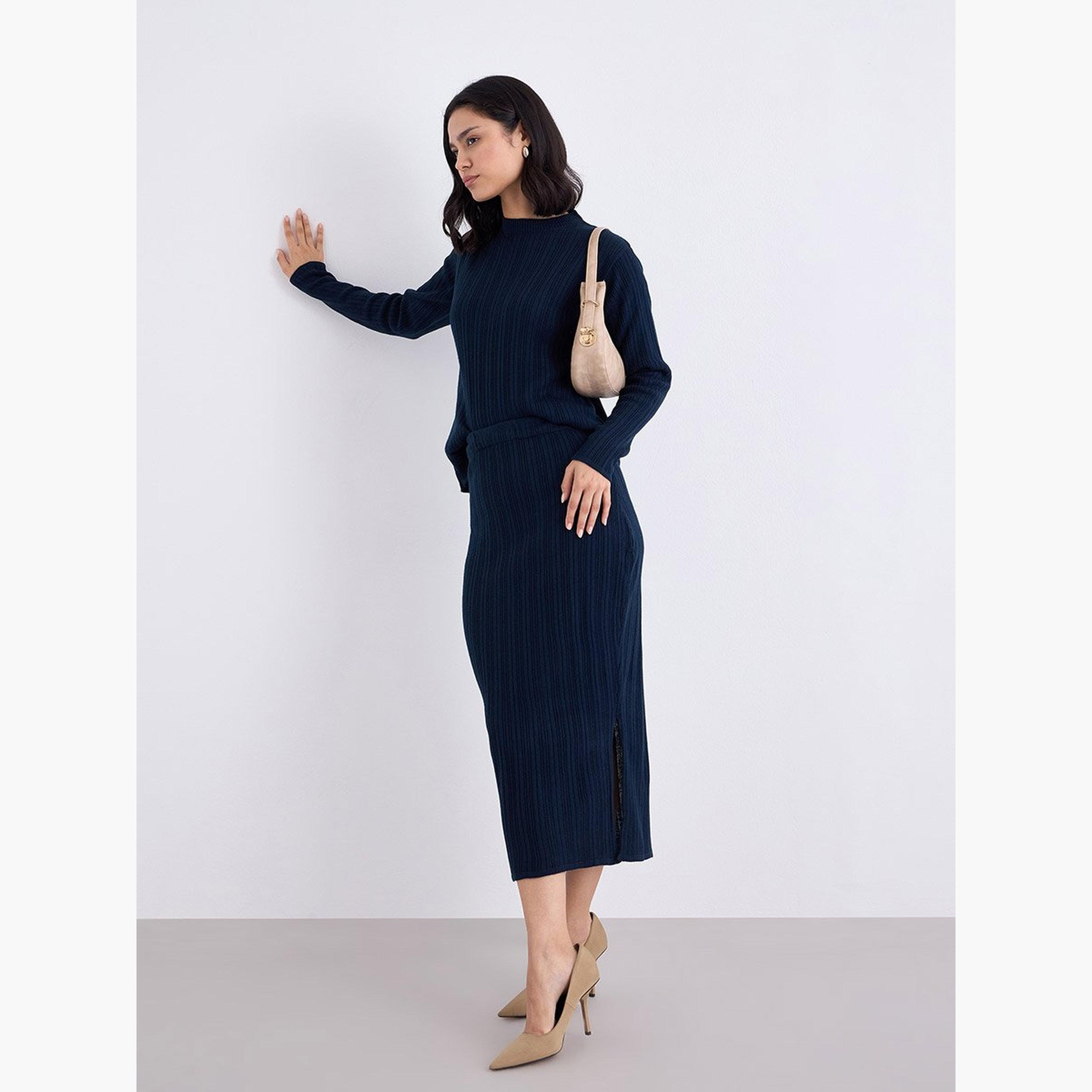 ستايلي - سترة محبوكة مضلعة لون أزرق البحري مع تنورة متوسطة الطول-women-clothing-coordsets-image-2