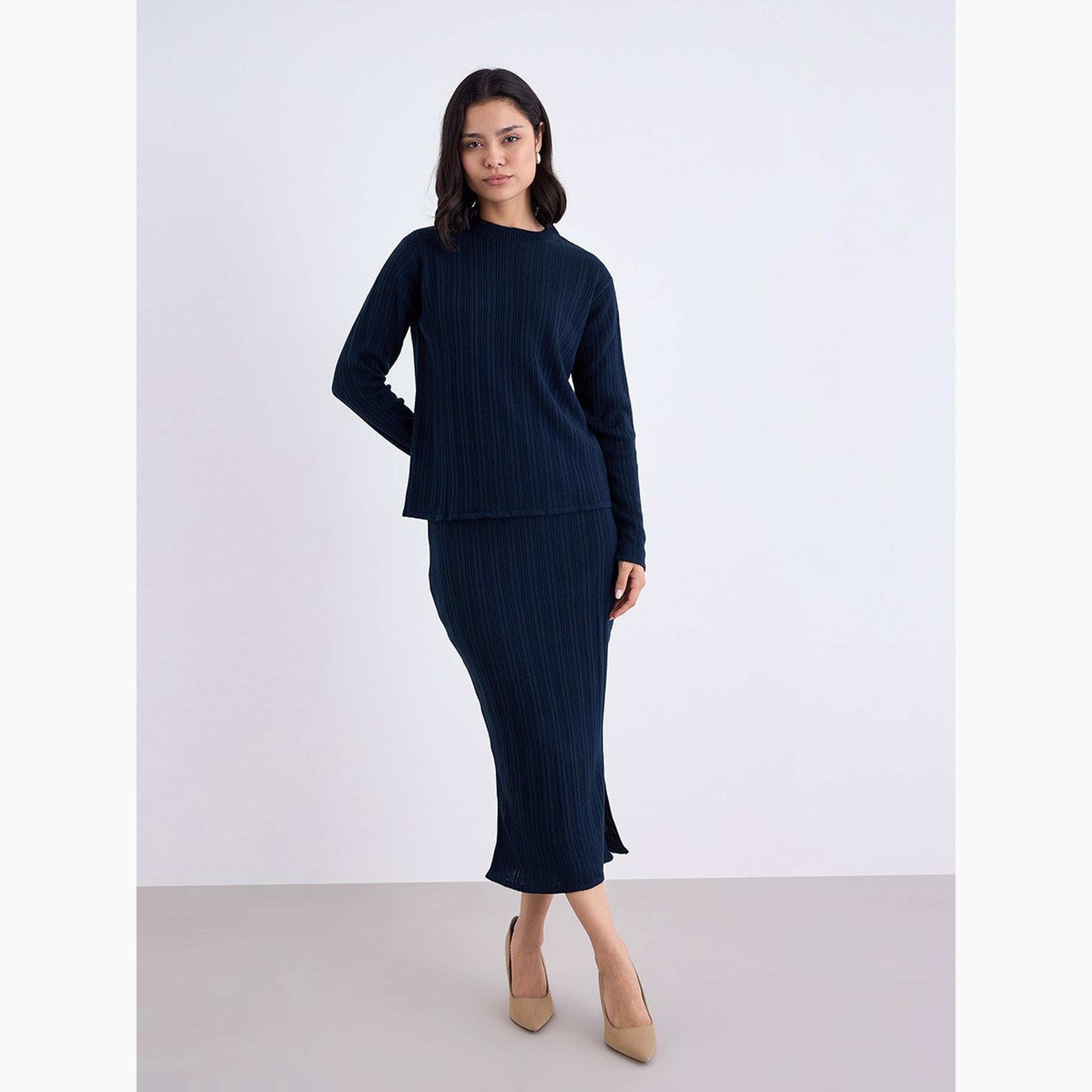 ستايلي - سترة محبوكة مضلعة لون أزرق البحري مع تنورة متوسطة الطول-women-clothing-coordsets-image-3