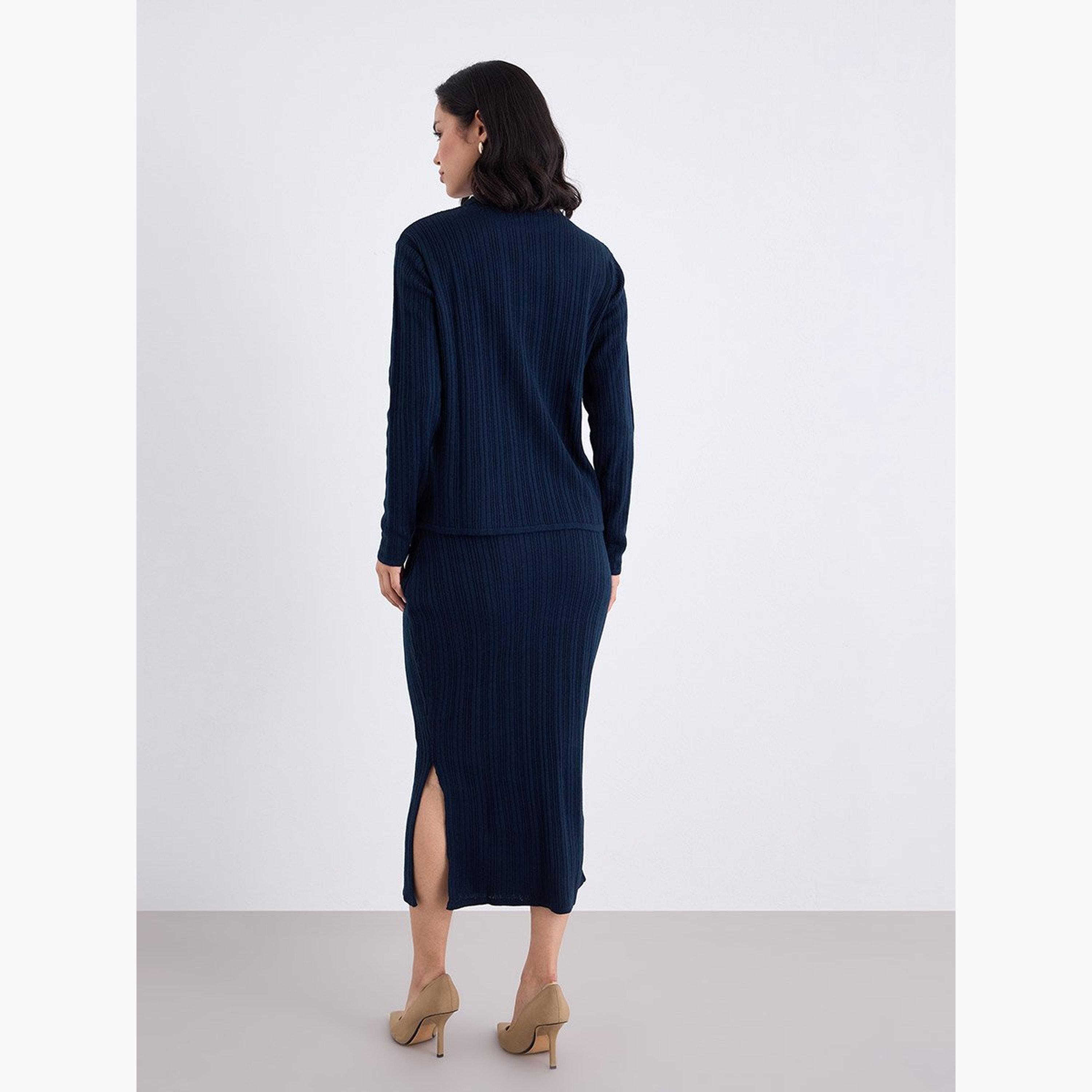 ستايلي - سترة محبوكة مضلعة لون أزرق البحري مع تنورة متوسطة الطول-women-clothing-coordsets-image-5
