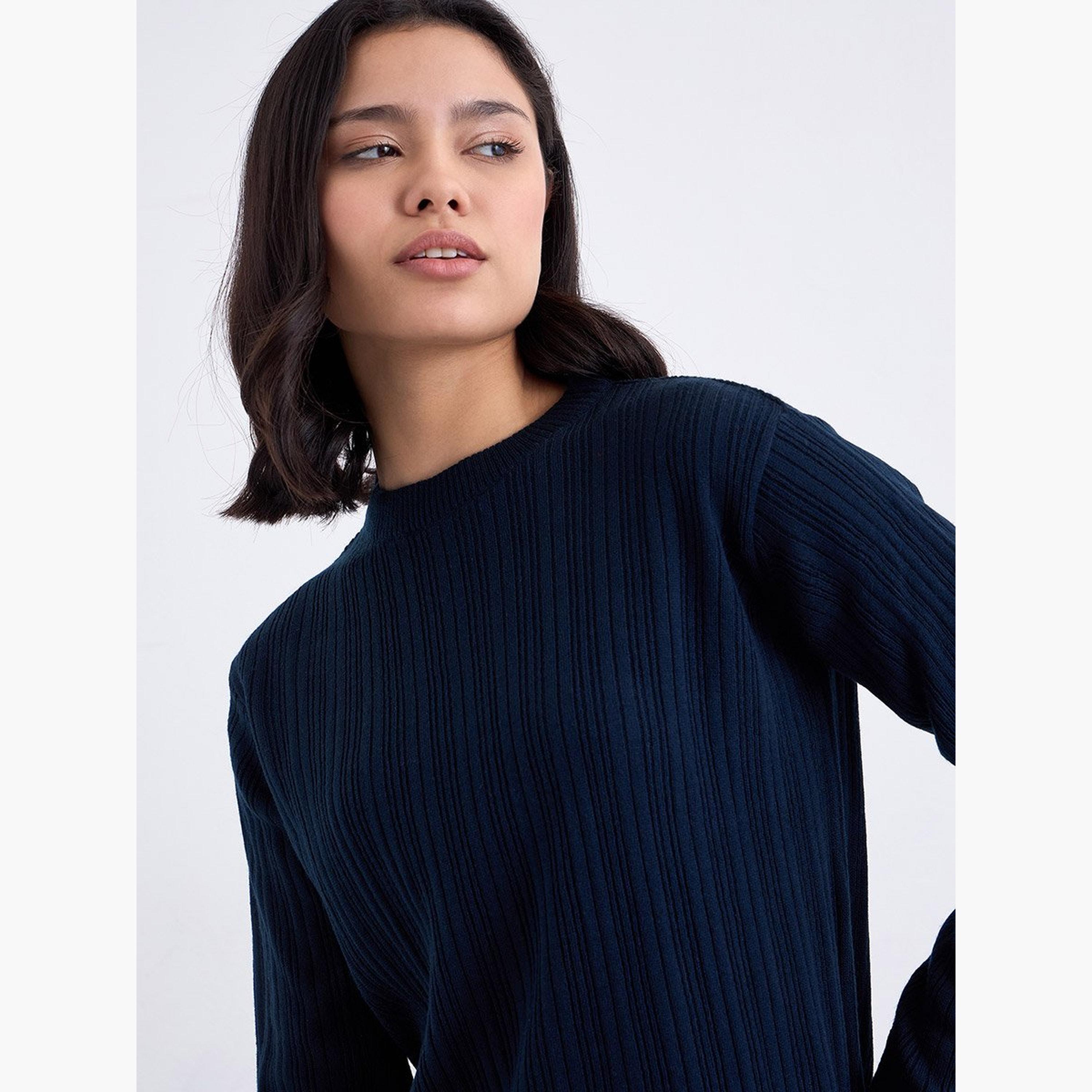 ستايلي - سترة محبوكة مضلعة لون أزرق البحري مع تنورة متوسطة الطول-women-clothing-coordsets-image-6