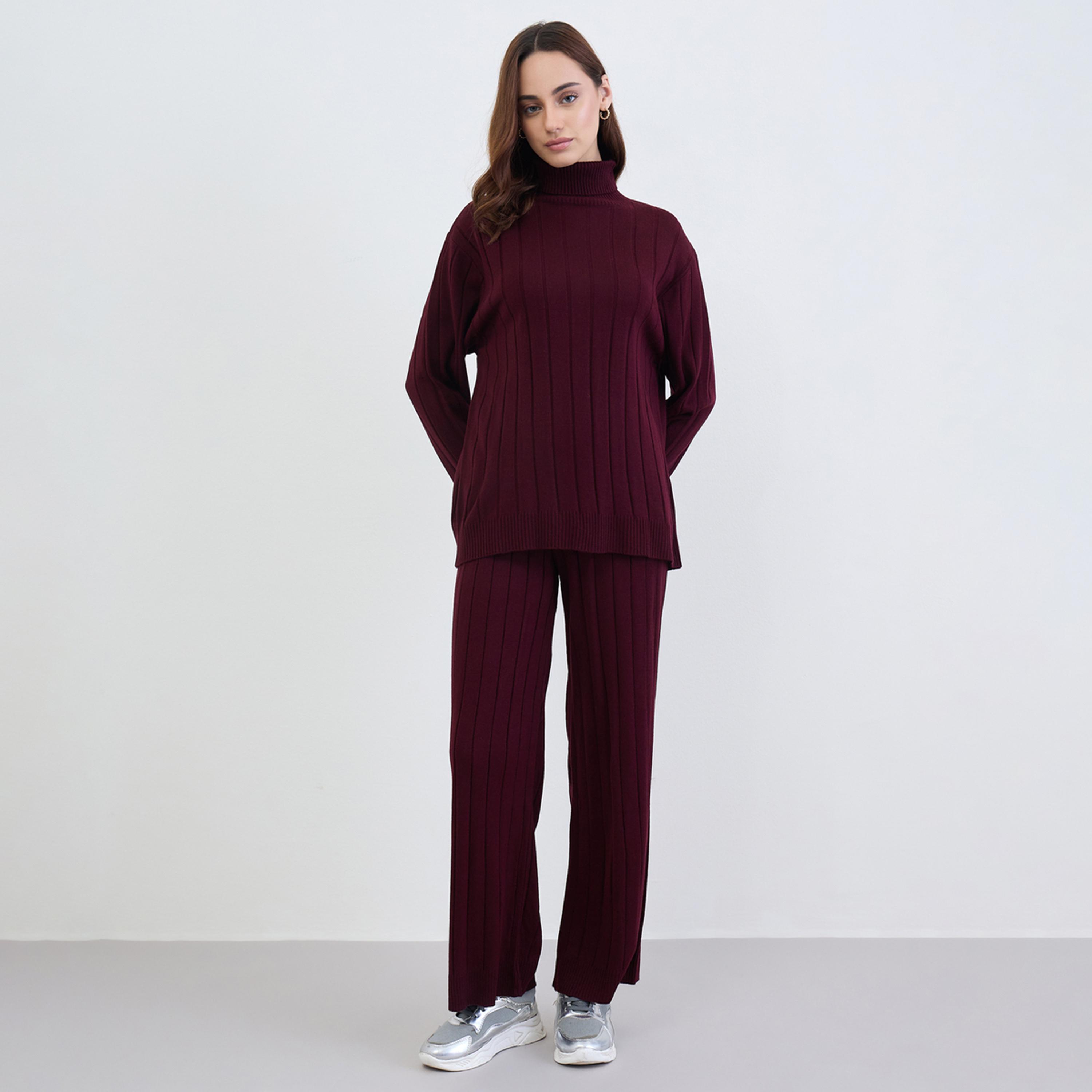 ستايلي - بلوزة وبنطال محبوك لون برغندي-women-clothing-coordsets-image-1