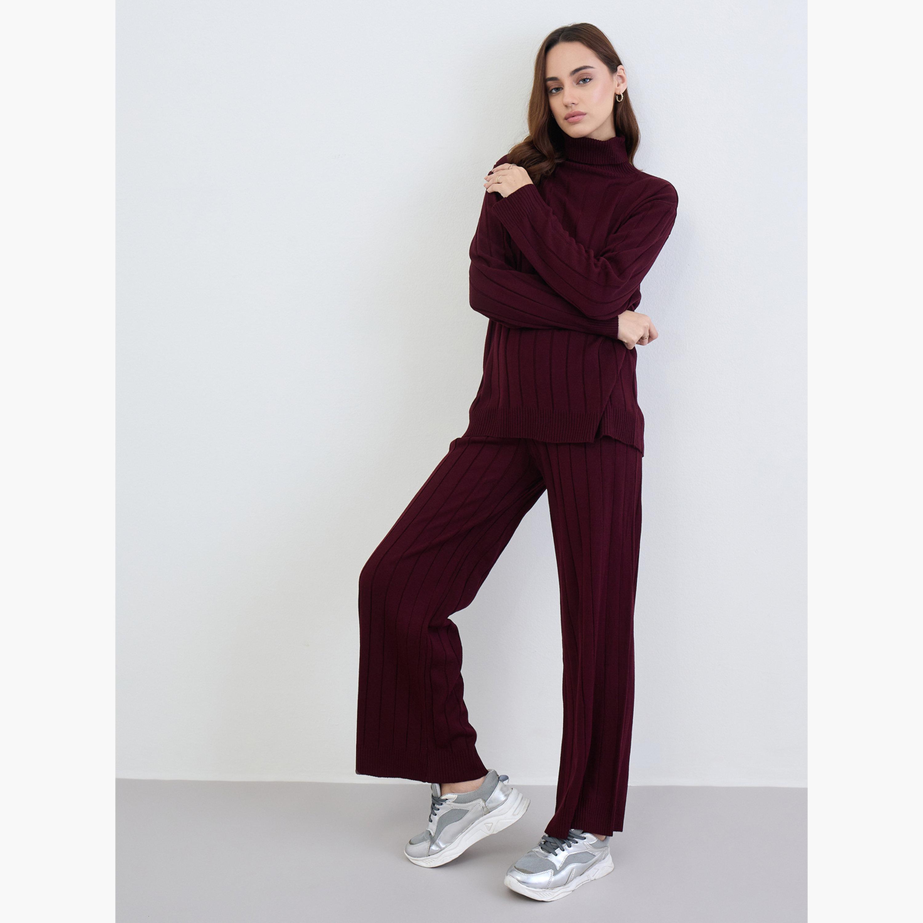 ستايلي - بلوزة وبنطال محبوك لون برغندي-women-clothing-coordsets-image-2