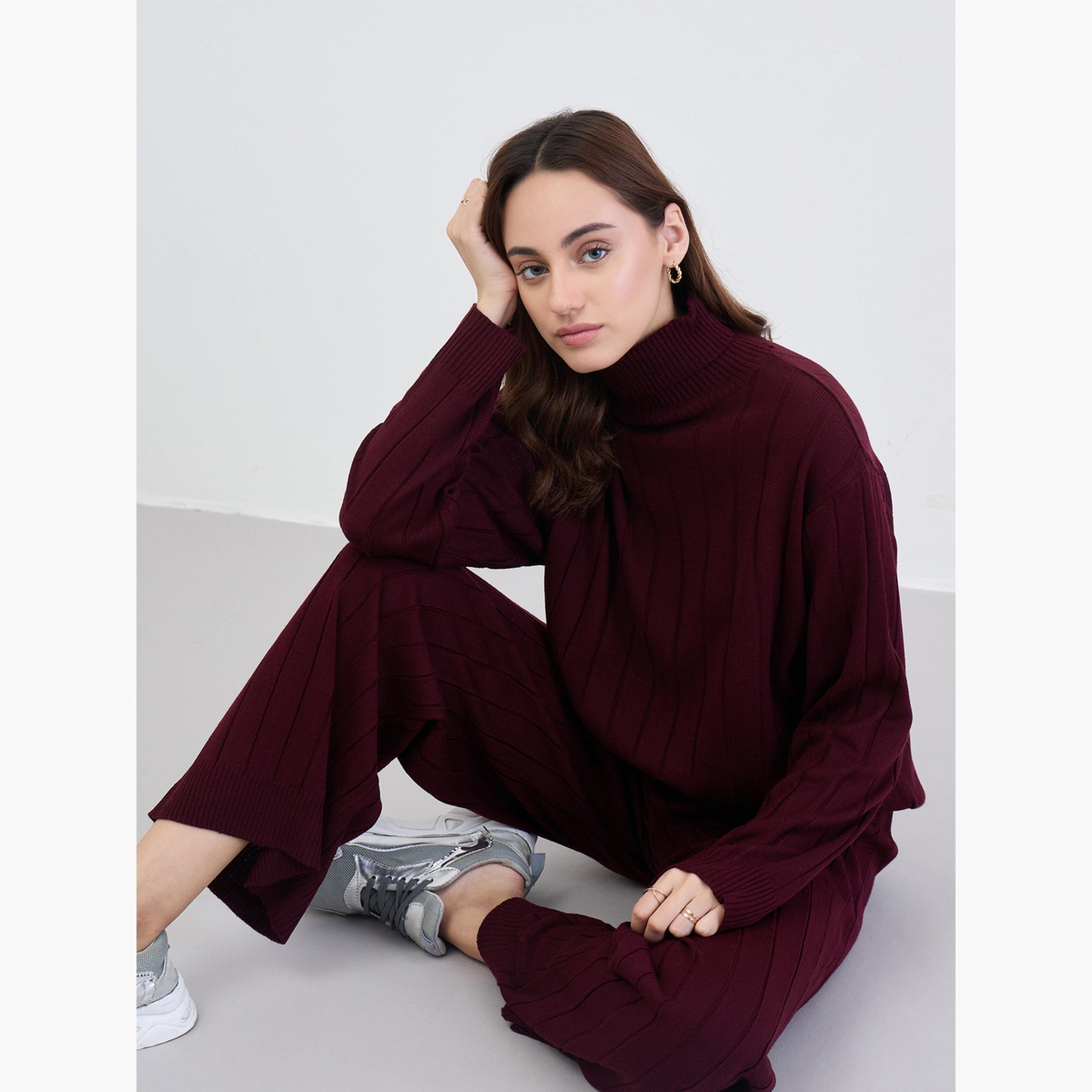 ستايلي - بلوزة وبنطال محبوك لون برغندي-women-clothing-coordsets-image-3