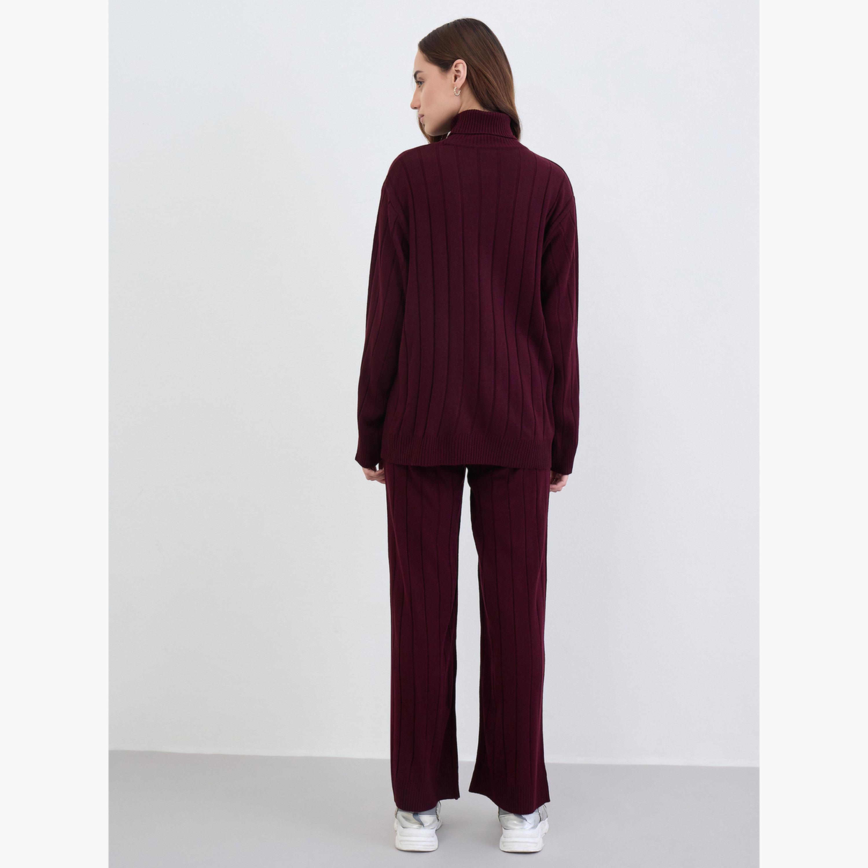 ستايلي - بلوزة وبنطال محبوك لون برغندي-women-clothing-coordsets-image-5