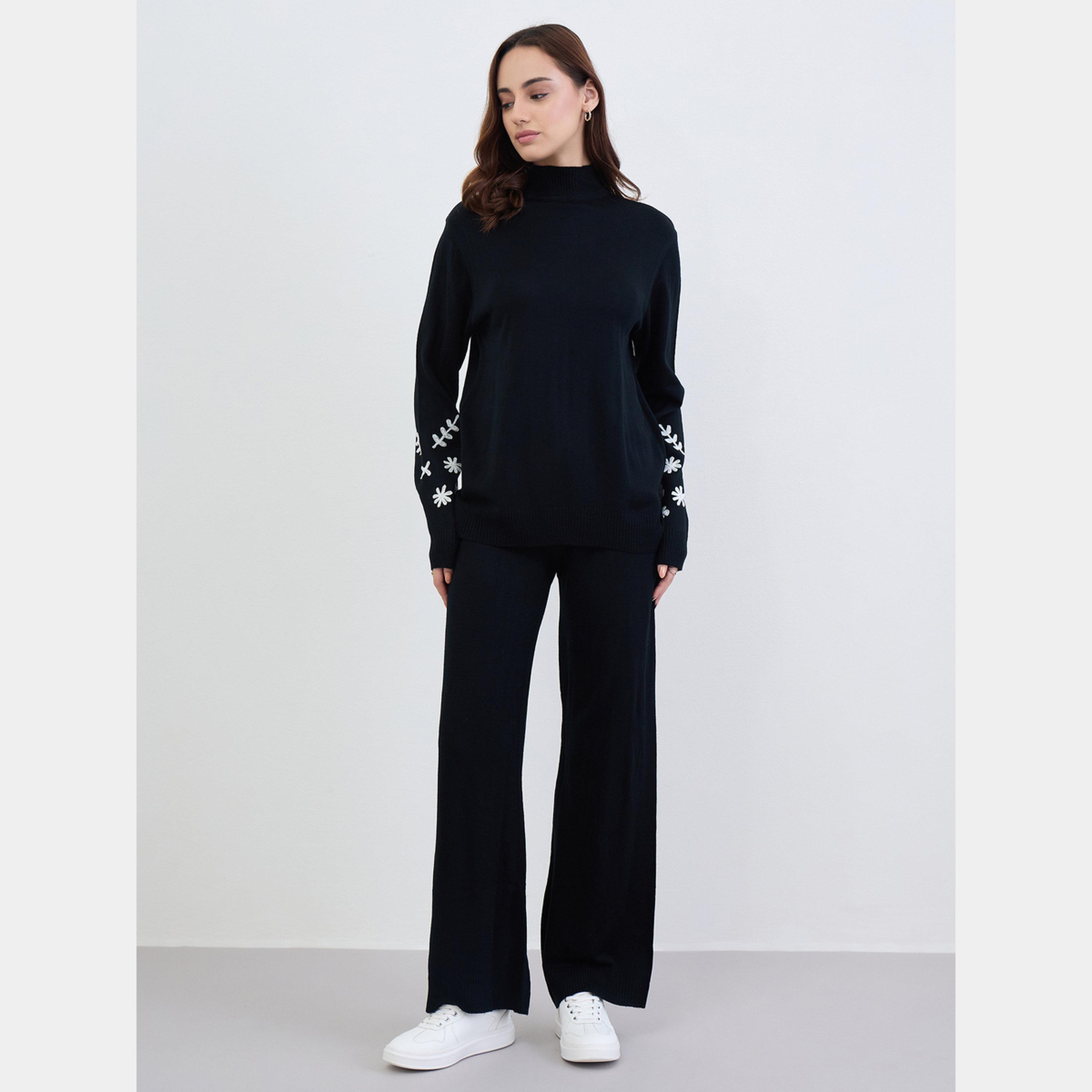 Styli Black Embroidered Sweater and Pants Co-Ords-women-clothing-coordsets-image-1