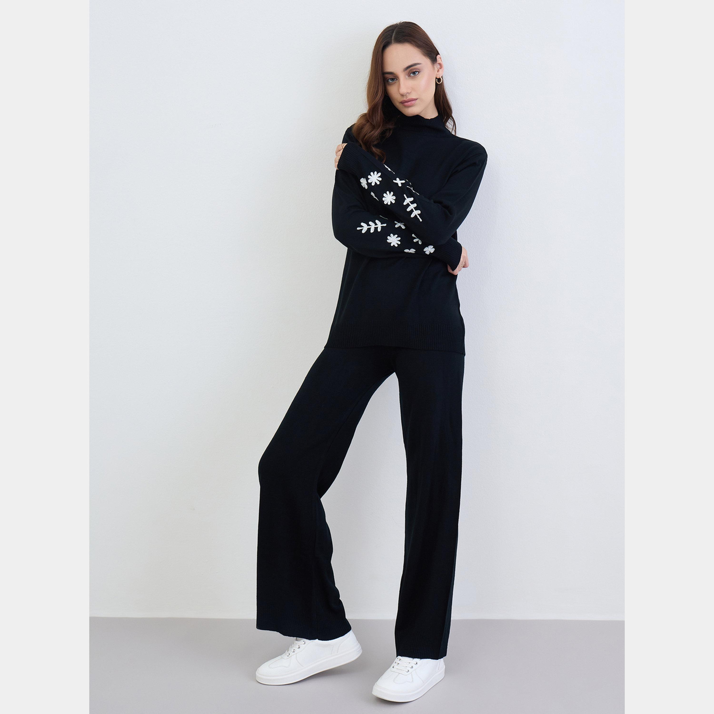 Styli Black Embroidered Sweater and Pants Co-Ords-women-clothing-coordsets-image-6