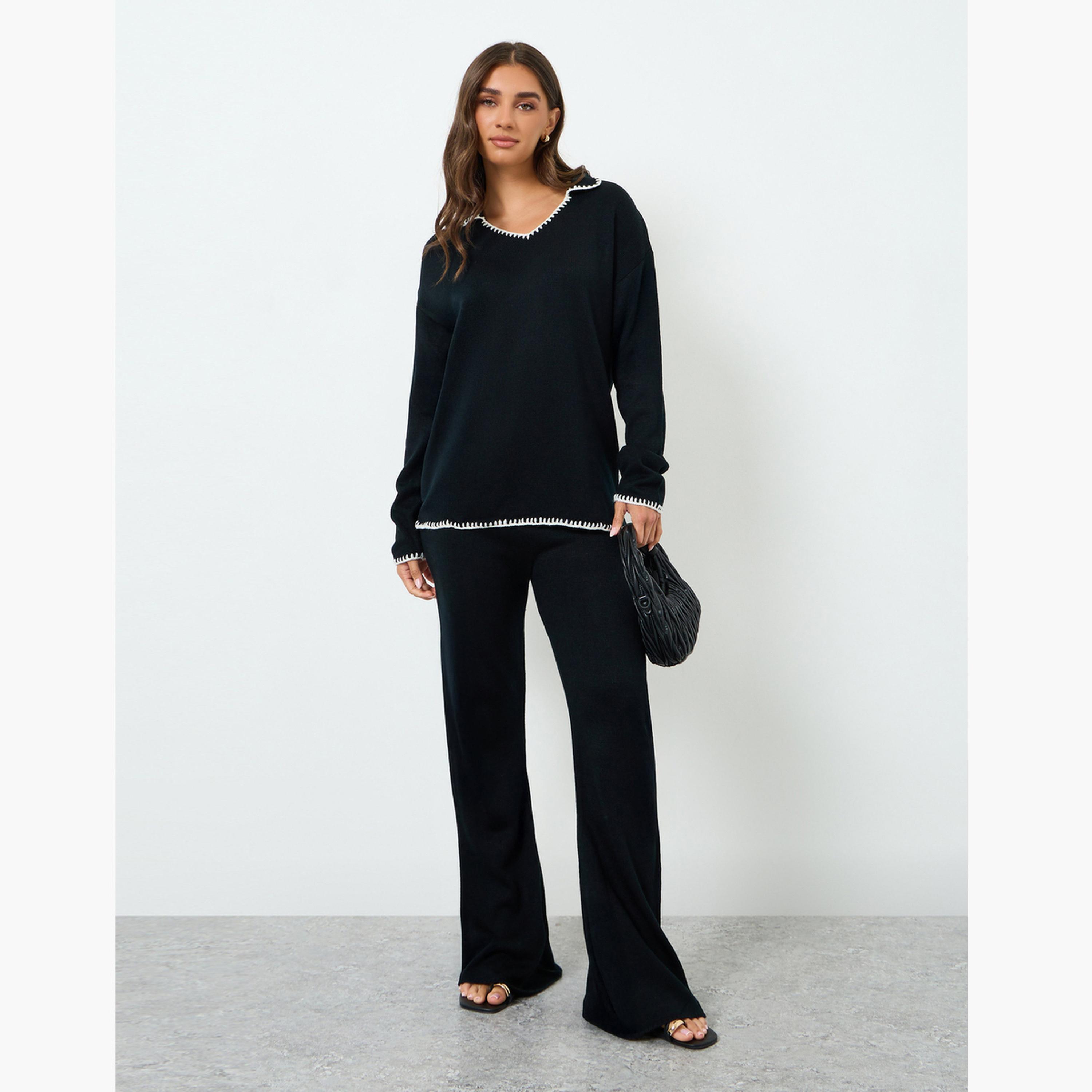 طقم منسق من بنطال وسويتر بتفاصيل مُتباينة-women-clothing-coordsets-image-1