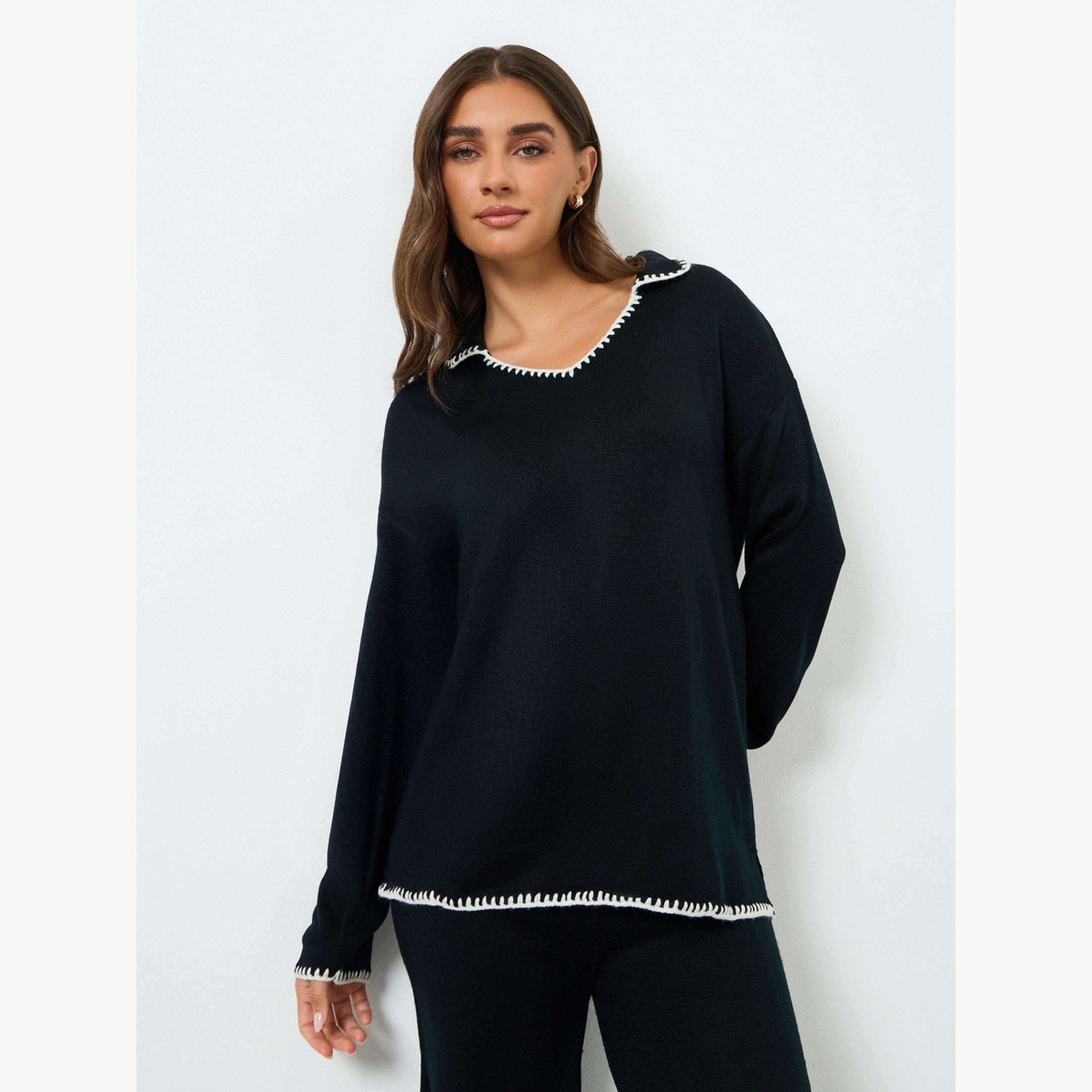 طقم منسق من بنطال وسويتر بتفاصيل مُتباينة-women-clothing-coordsets-image-2