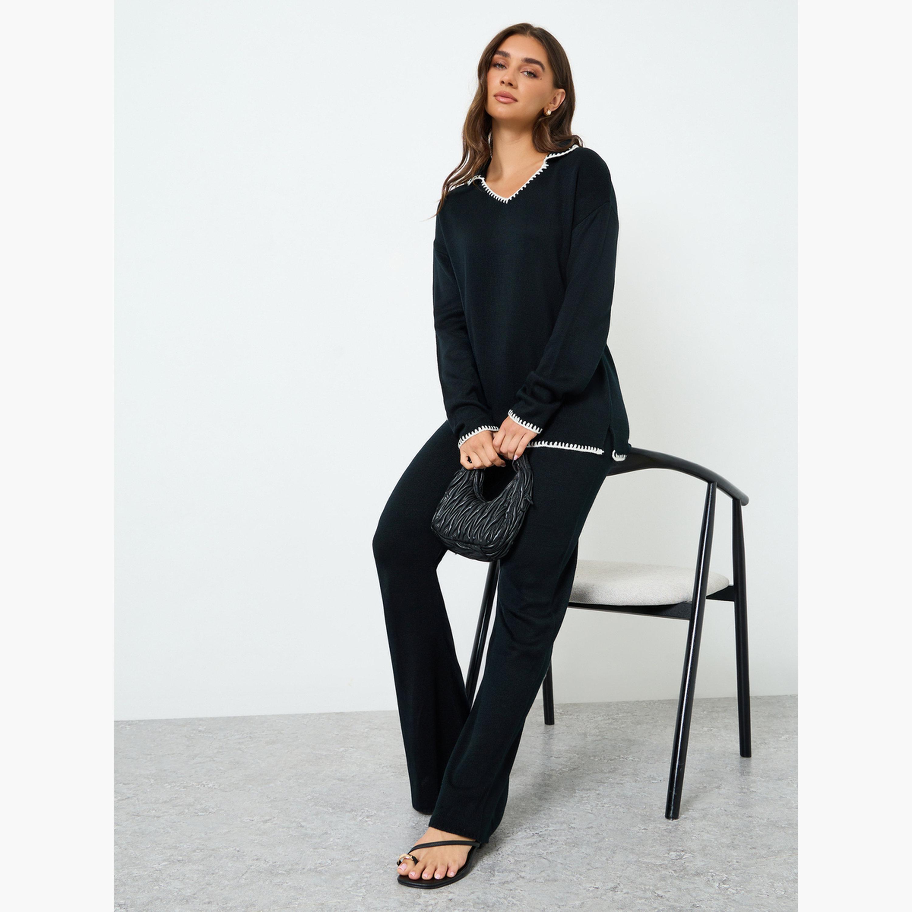 طقم منسق من بنطال وسويتر بتفاصيل مُتباينة-women-clothing-coordsets-image-3