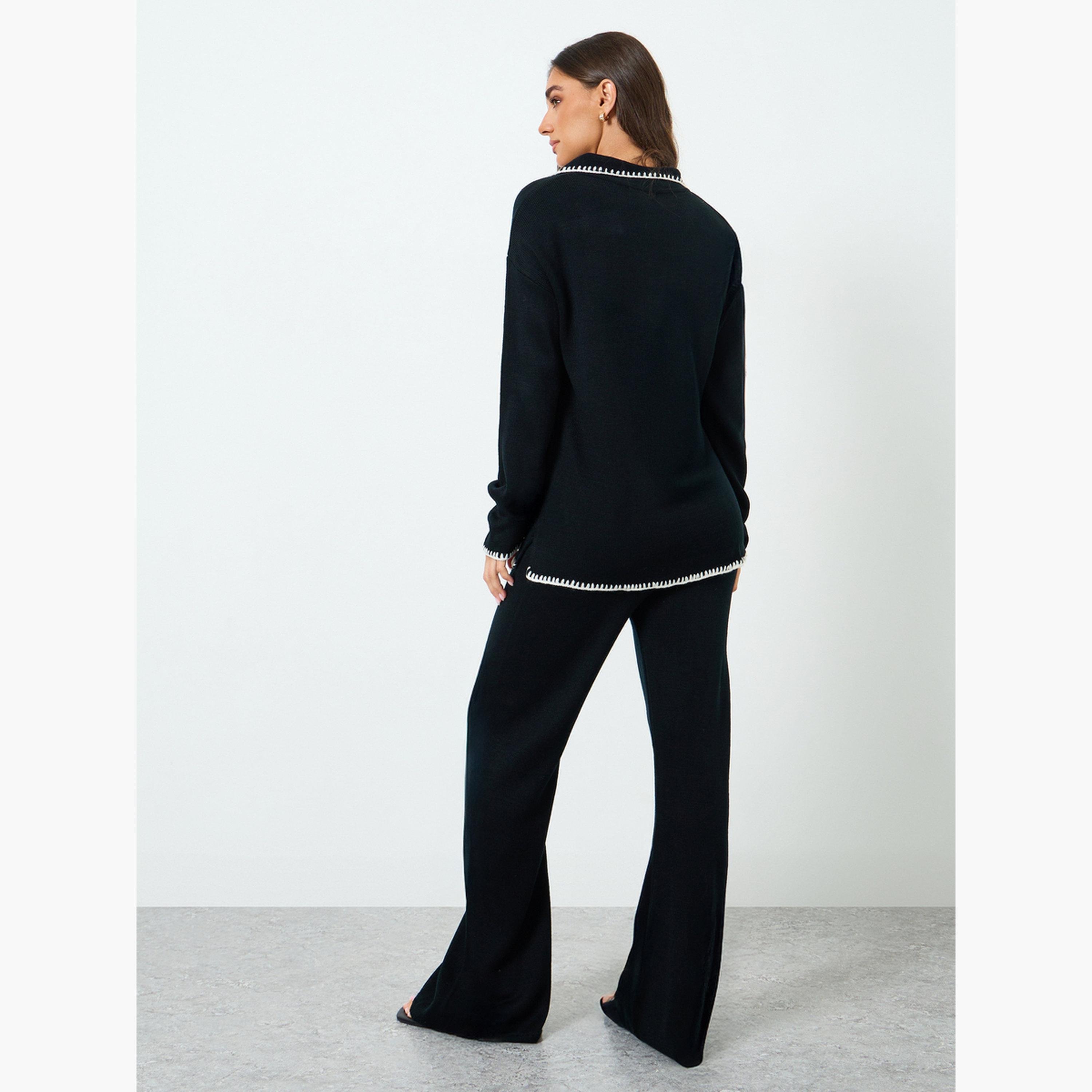 طقم منسق من بنطال وسويتر بتفاصيل مُتباينة-women-clothing-coordsets-image-6