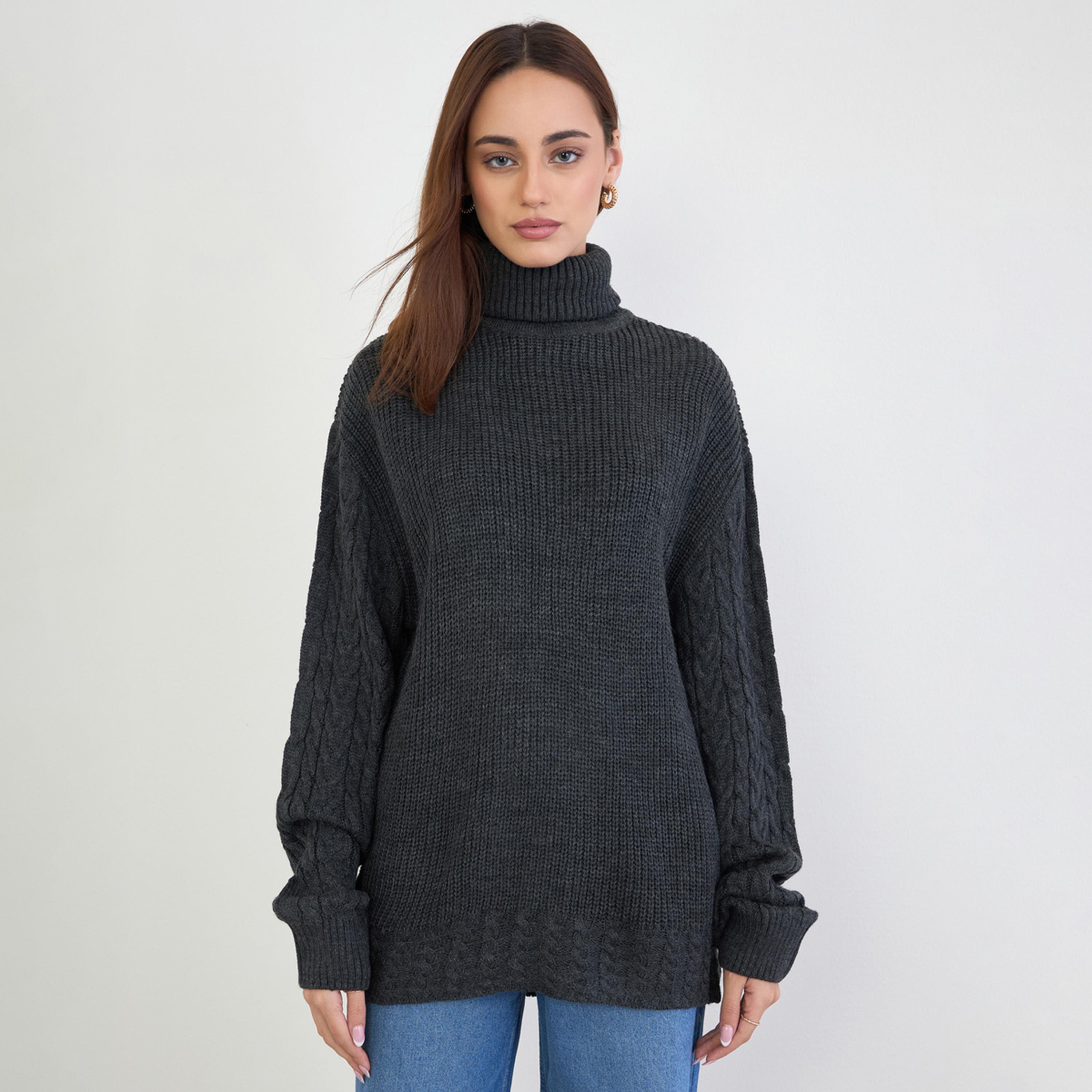 Styli Women Charcoal Longline Chunky Knit Sweater-women-clothing-cardigansandjumpers-jumpers-image-1