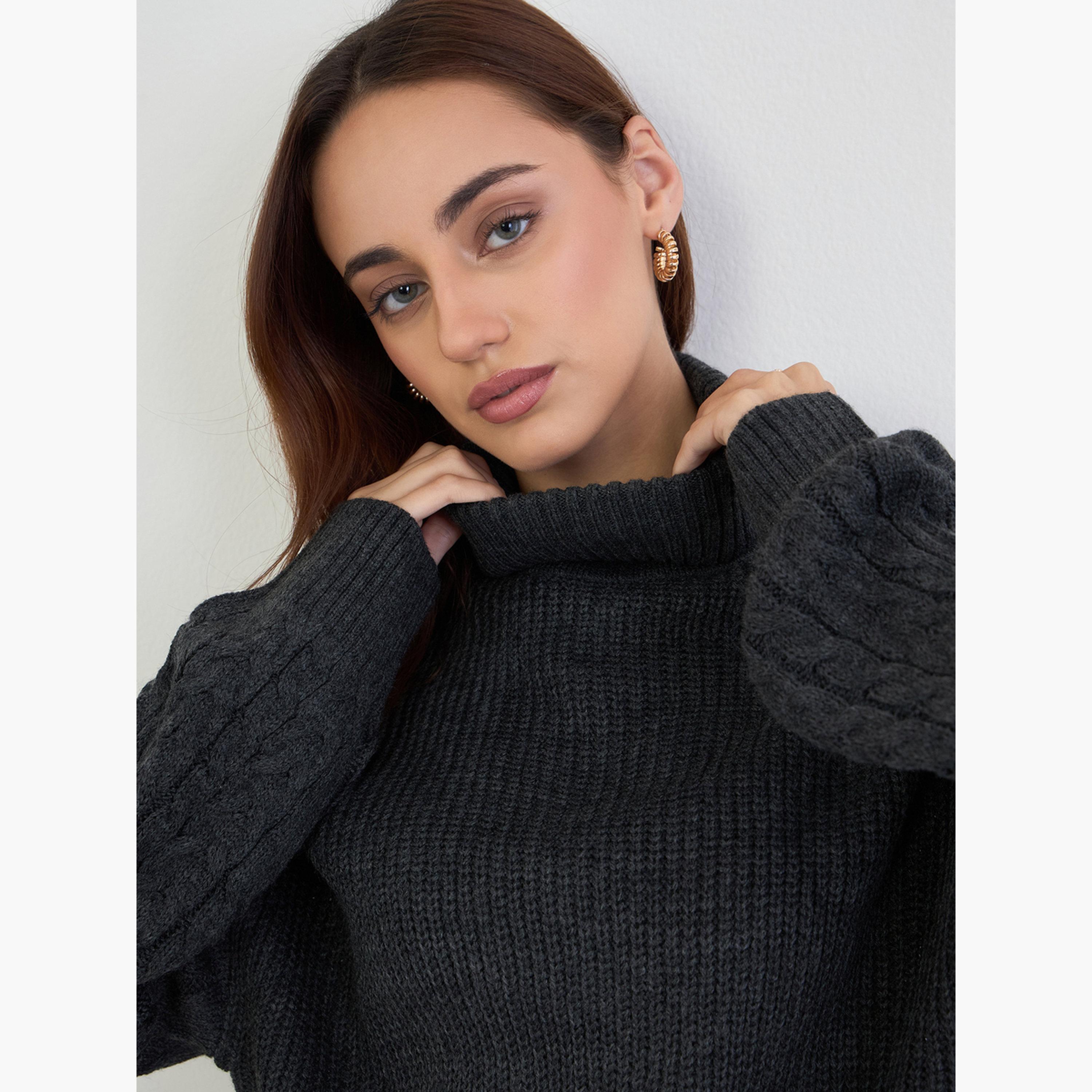 Styli Women Charcoal Longline Chunky Knit Sweater-women-clothing-cardigansandjumpers-jumpers-image-3