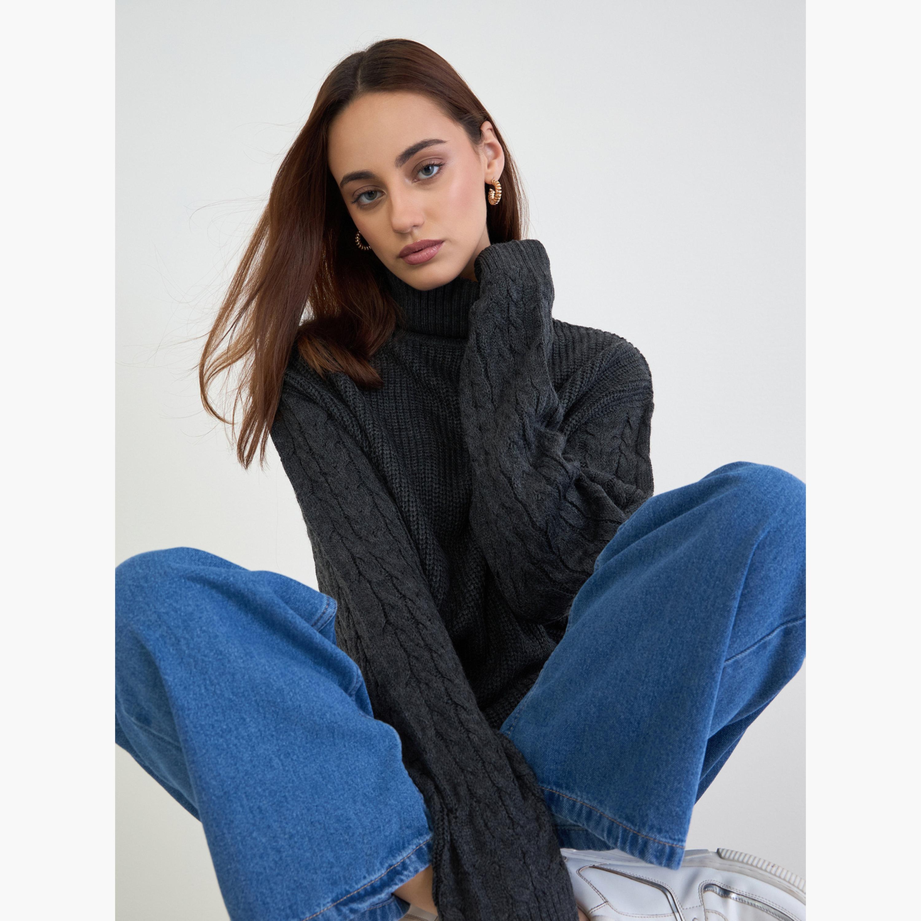 Styli Women Charcoal Longline Chunky Knit Sweater-women-clothing-cardigansandjumpers-jumpers-image-4