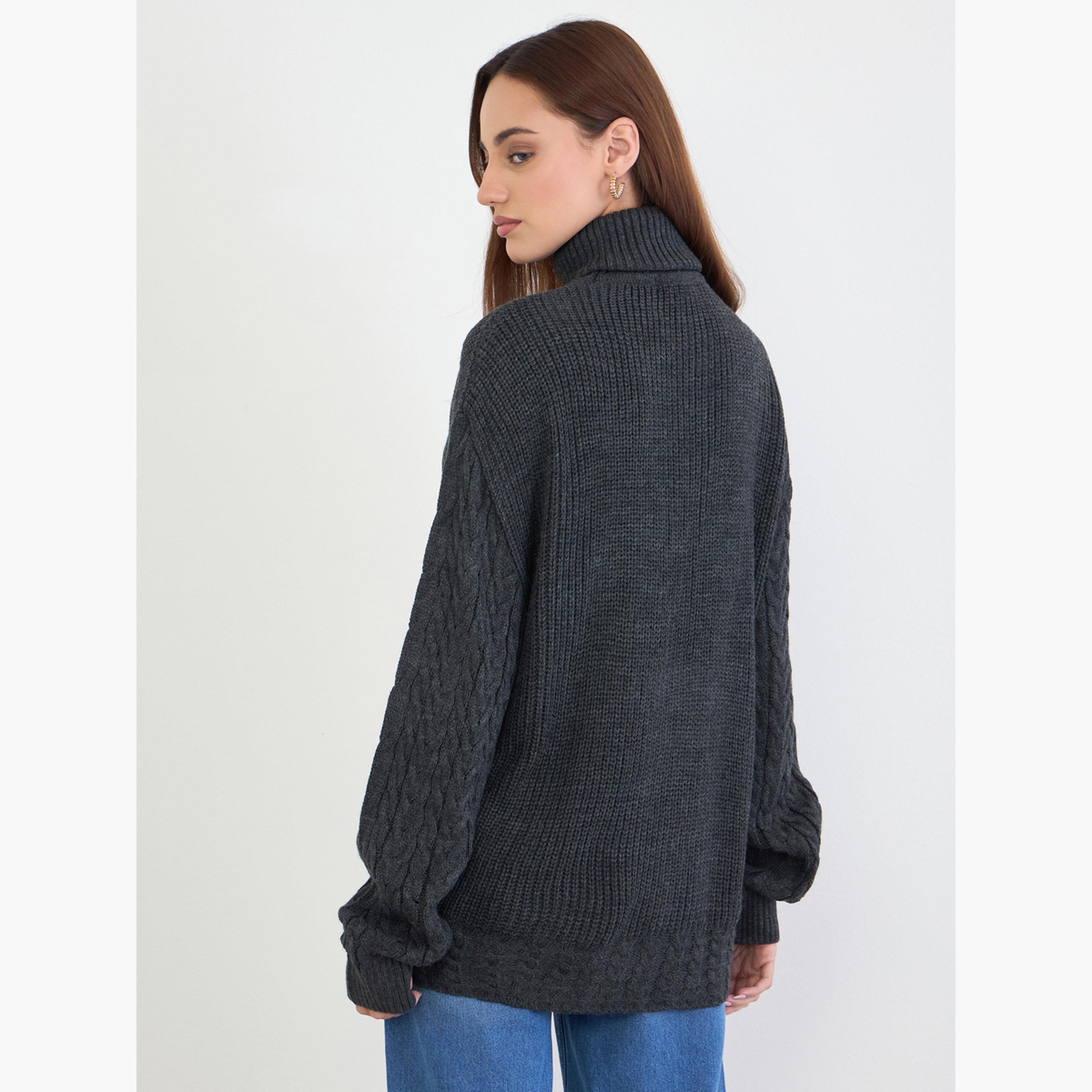 Styli Women Charcoal Longline Chunky Knit Sweater-women-clothing-cardigansandjumpers-jumpers-image-5