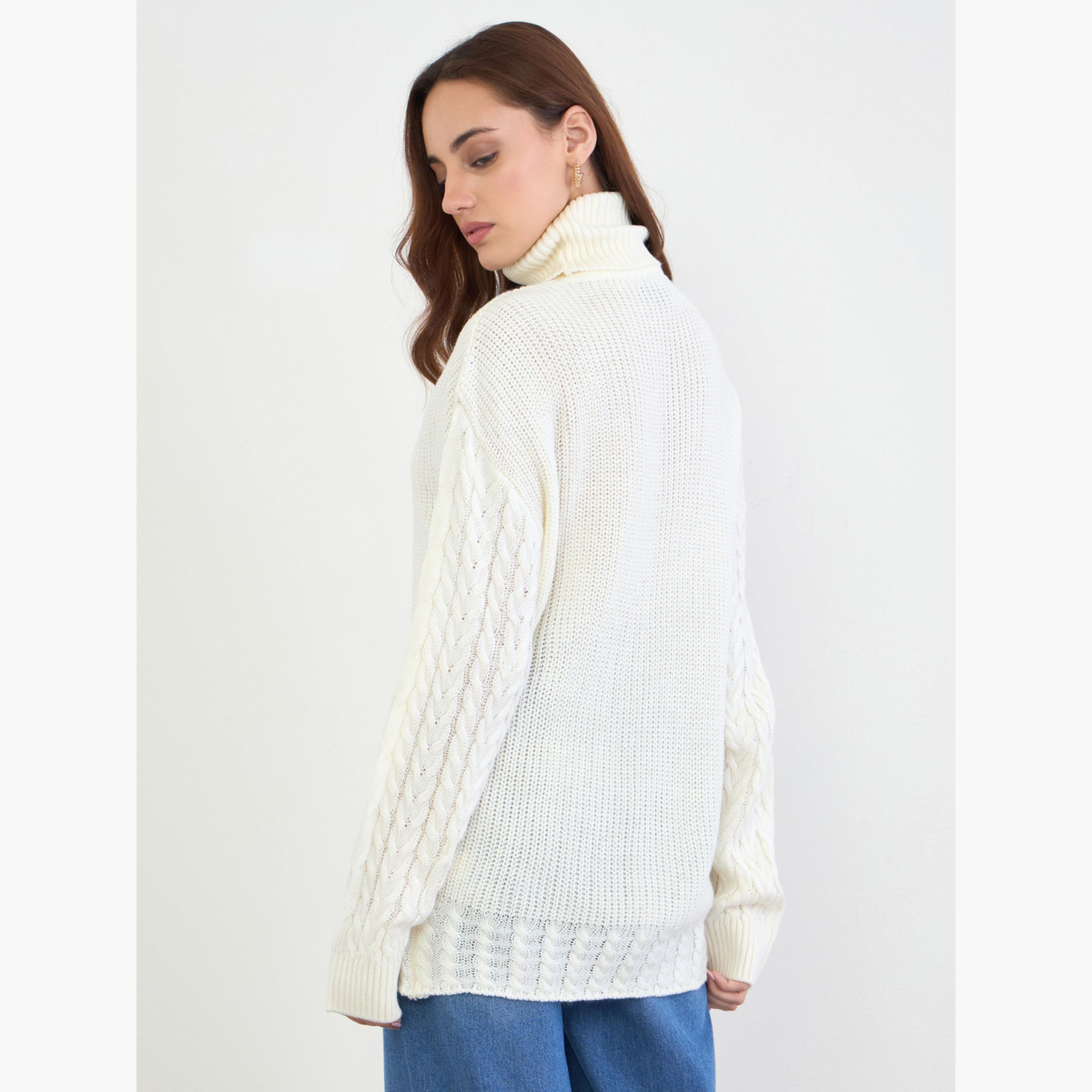 ستايلي - سترة طويلة كابل كريمية بياقة مدورة-women-clothing-cardigansandjumpers-jumpers-image-1