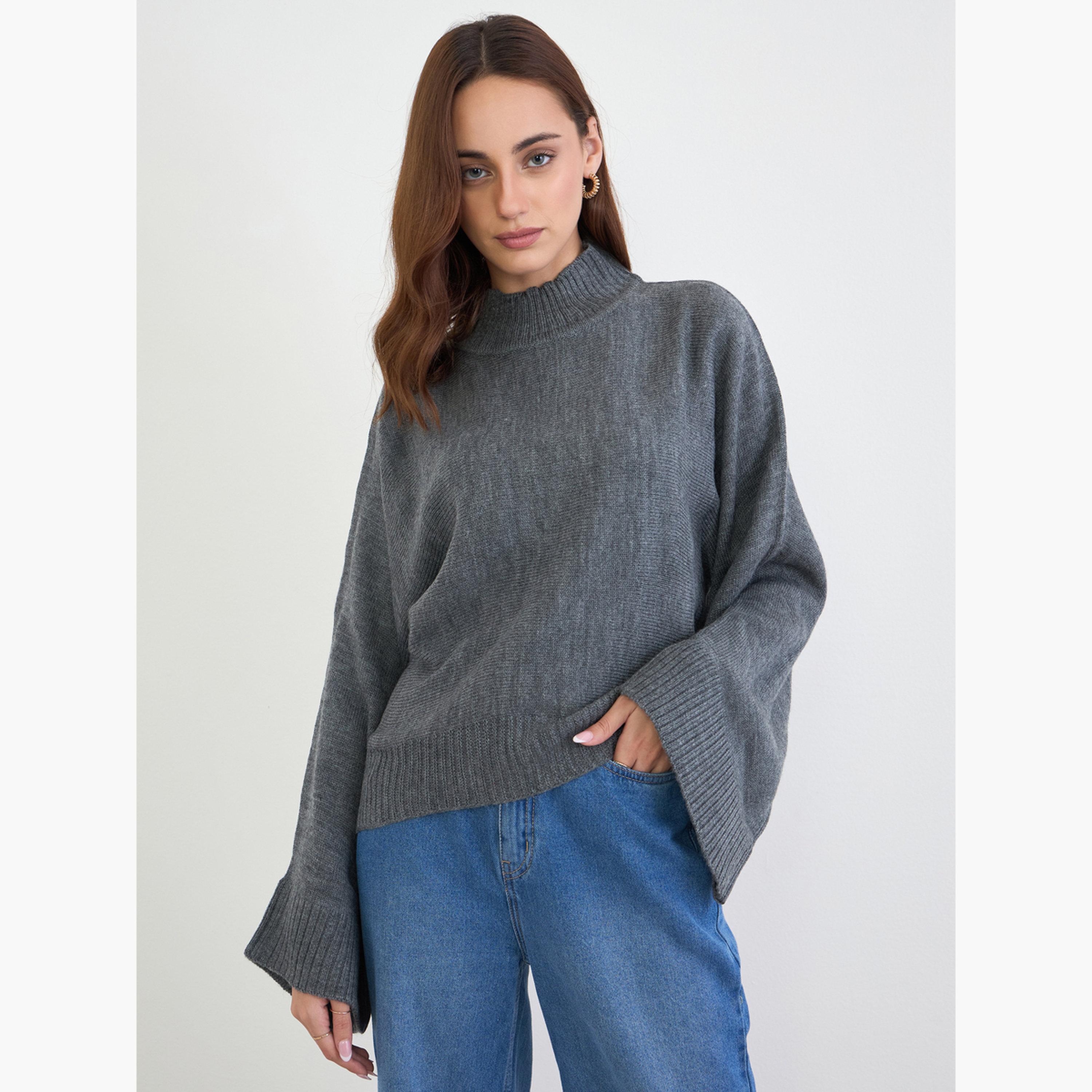 Styli Grey Textured Oversized High Neck Cape Sleeves Women's Sweater-women-winterwear-cardigansandjumpers-jumpers-image-1