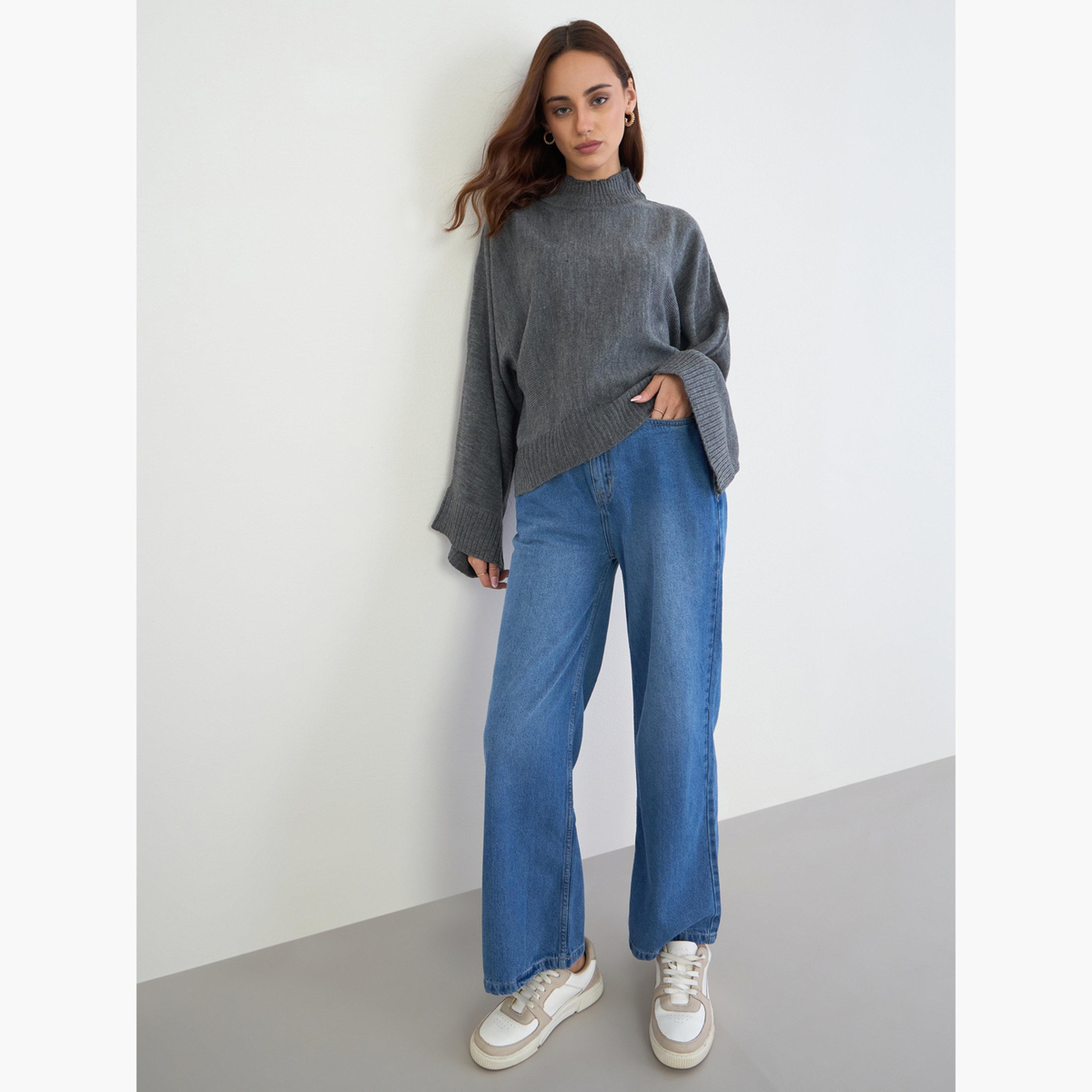 Styli Grey Textured Oversized High Neck Cape Sleeves Women's Sweater-women-winterwear-cardigansandjumpers-jumpers-image-2