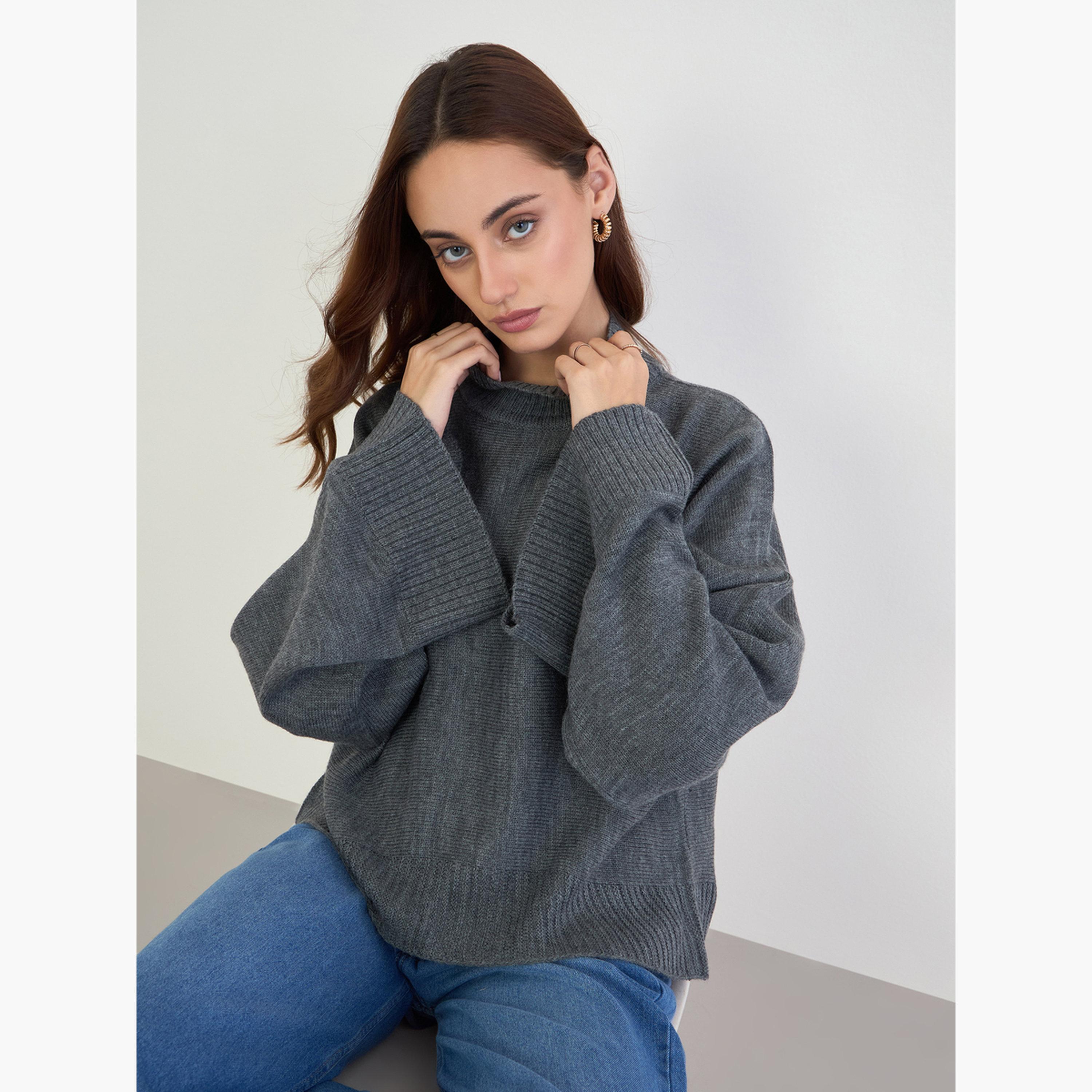 Styli Grey Textured Oversized High Neck Cape Sleeves Women's Sweater-women-winterwear-cardigansandjumpers-jumpers-image-3