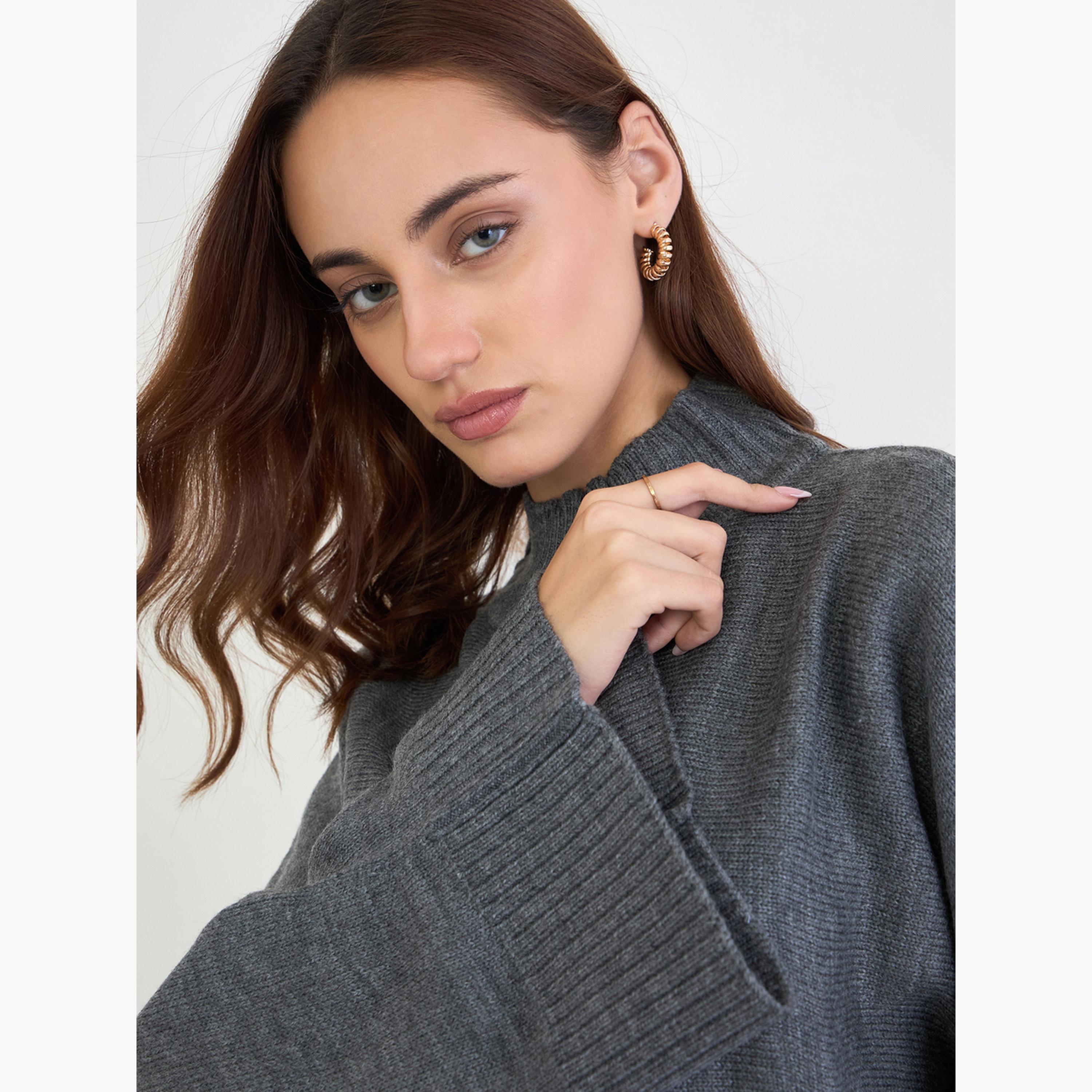 Styli Grey Textured Oversized High Neck Cape Sleeves Women's Sweater-women-winterwear-cardigansandjumpers-jumpers-image-4