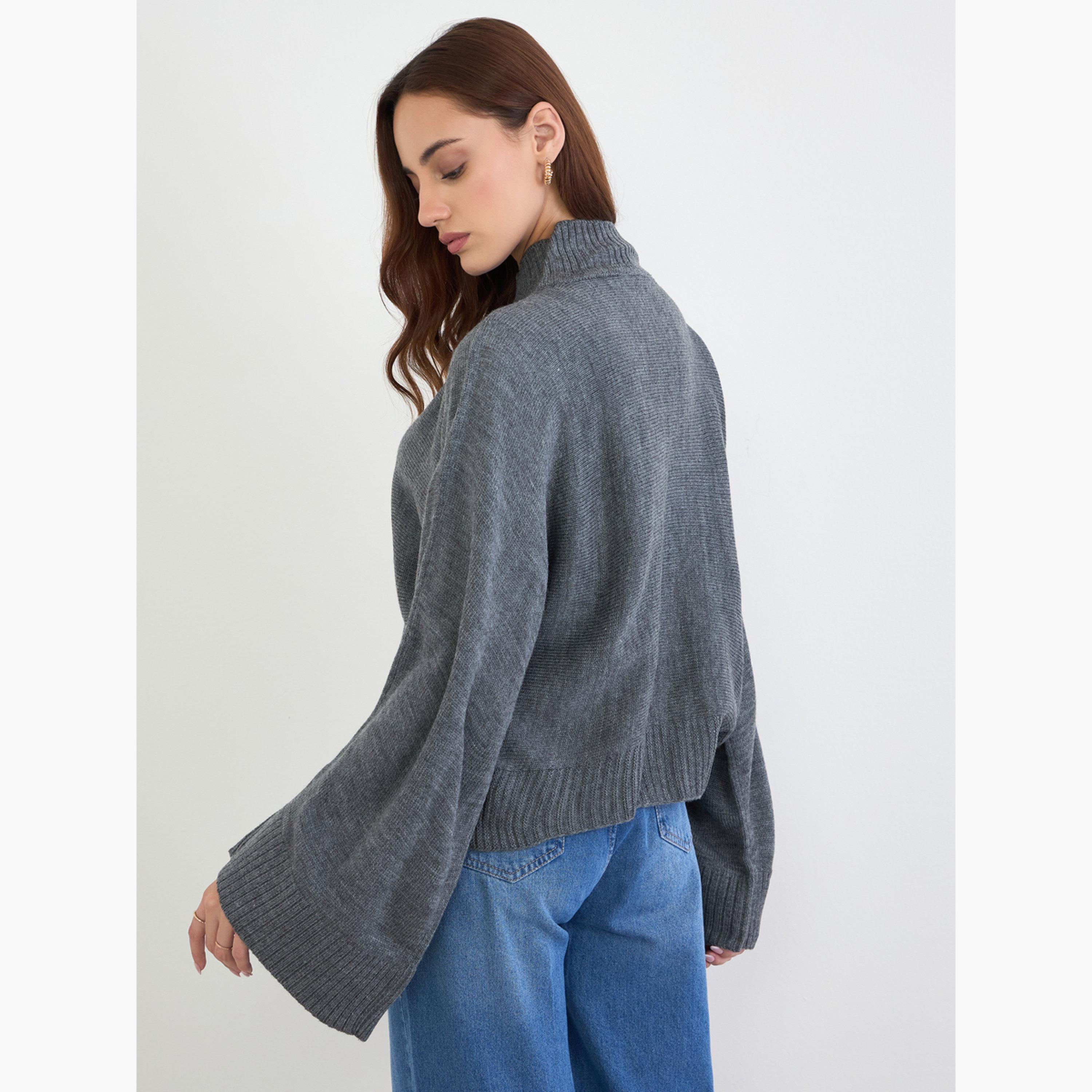 Styli Grey Textured Oversized High Neck Cape Sleeves Women's Sweater-women-winterwear-cardigansandjumpers-jumpers-image-5