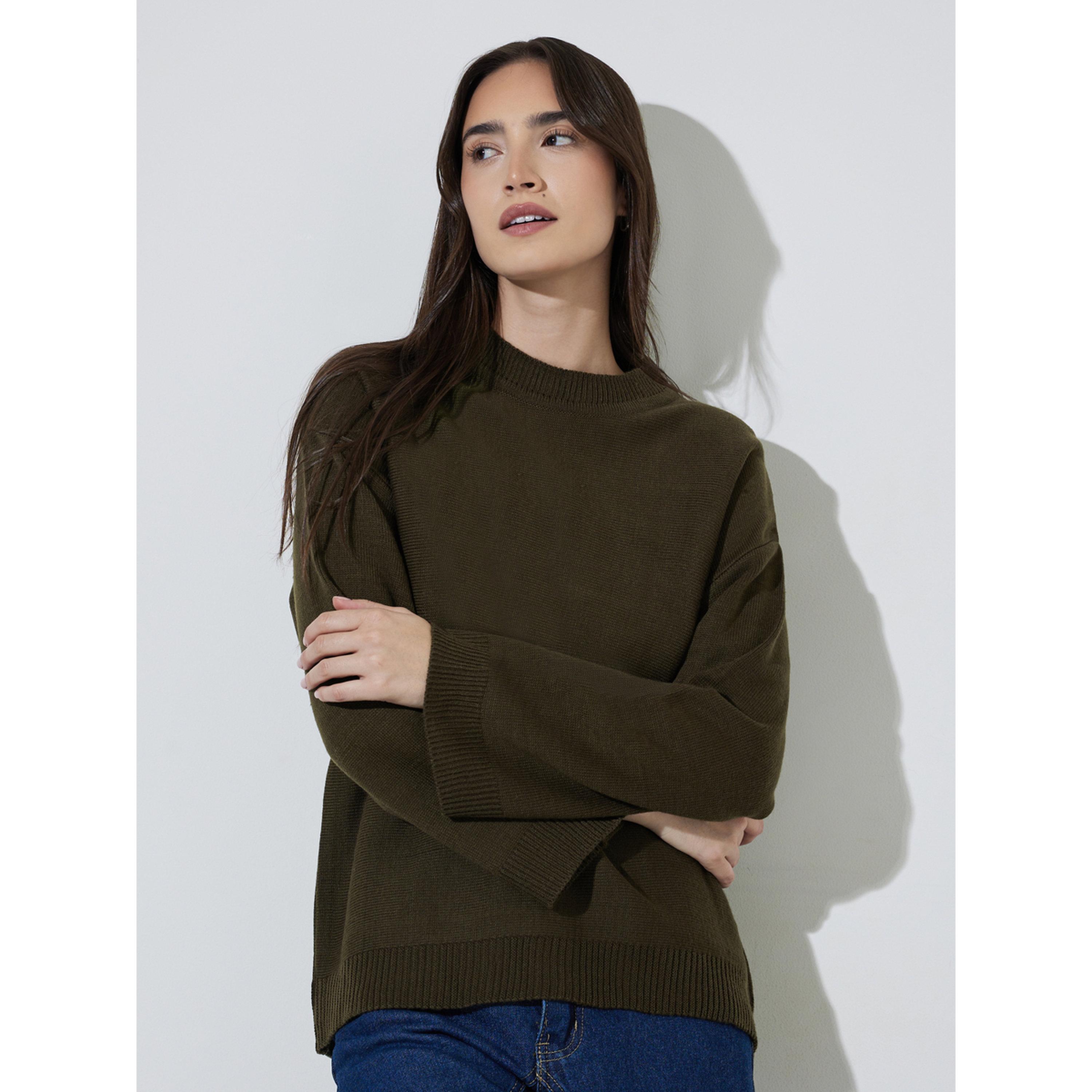Styli Olive Green Oversized Knit Sweater-women-winterwear-cardigansandjumpers-jumpers-image-1