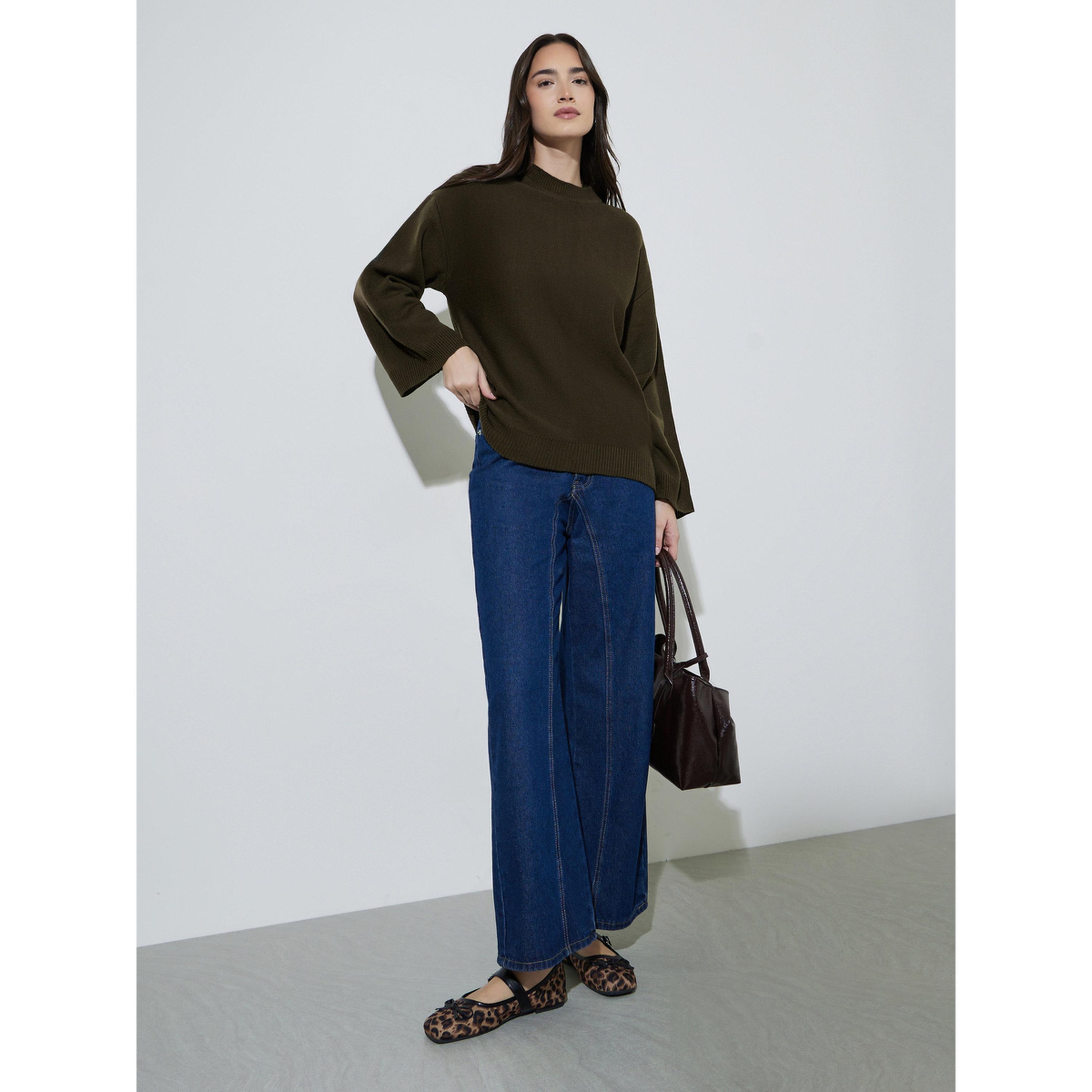 Styli Olive Green Oversized Knit Sweater-women-winterwear-cardigansandjumpers-jumpers-image-2