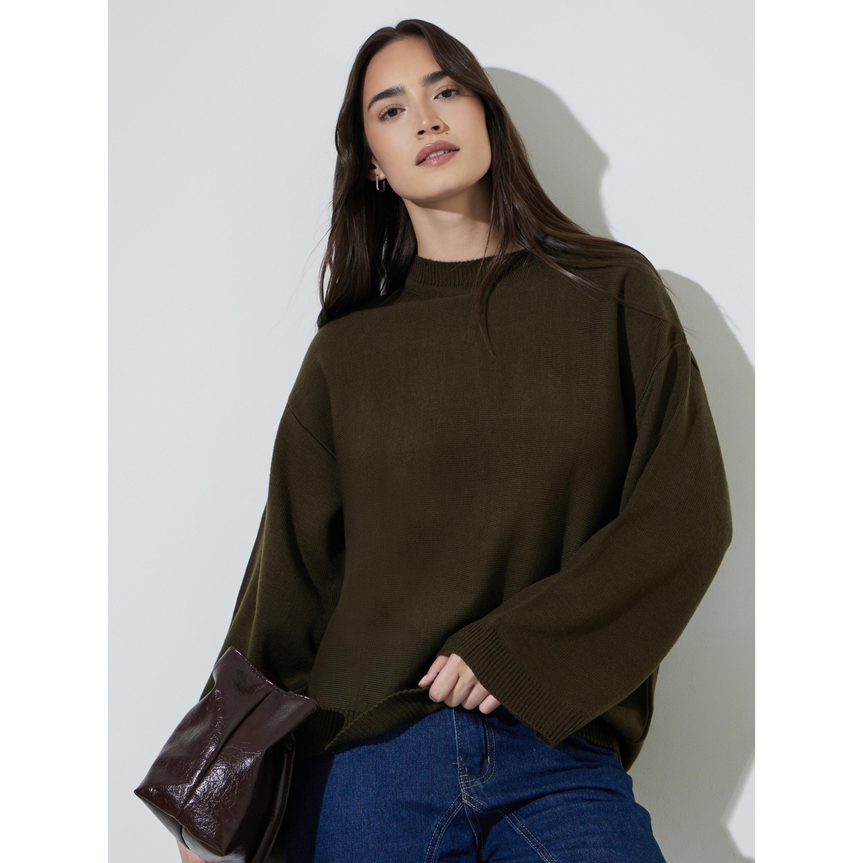 Styli Olive Green Oversized Knit Sweater-women-winterwear-cardigansandjumpers-jumpers-image-4