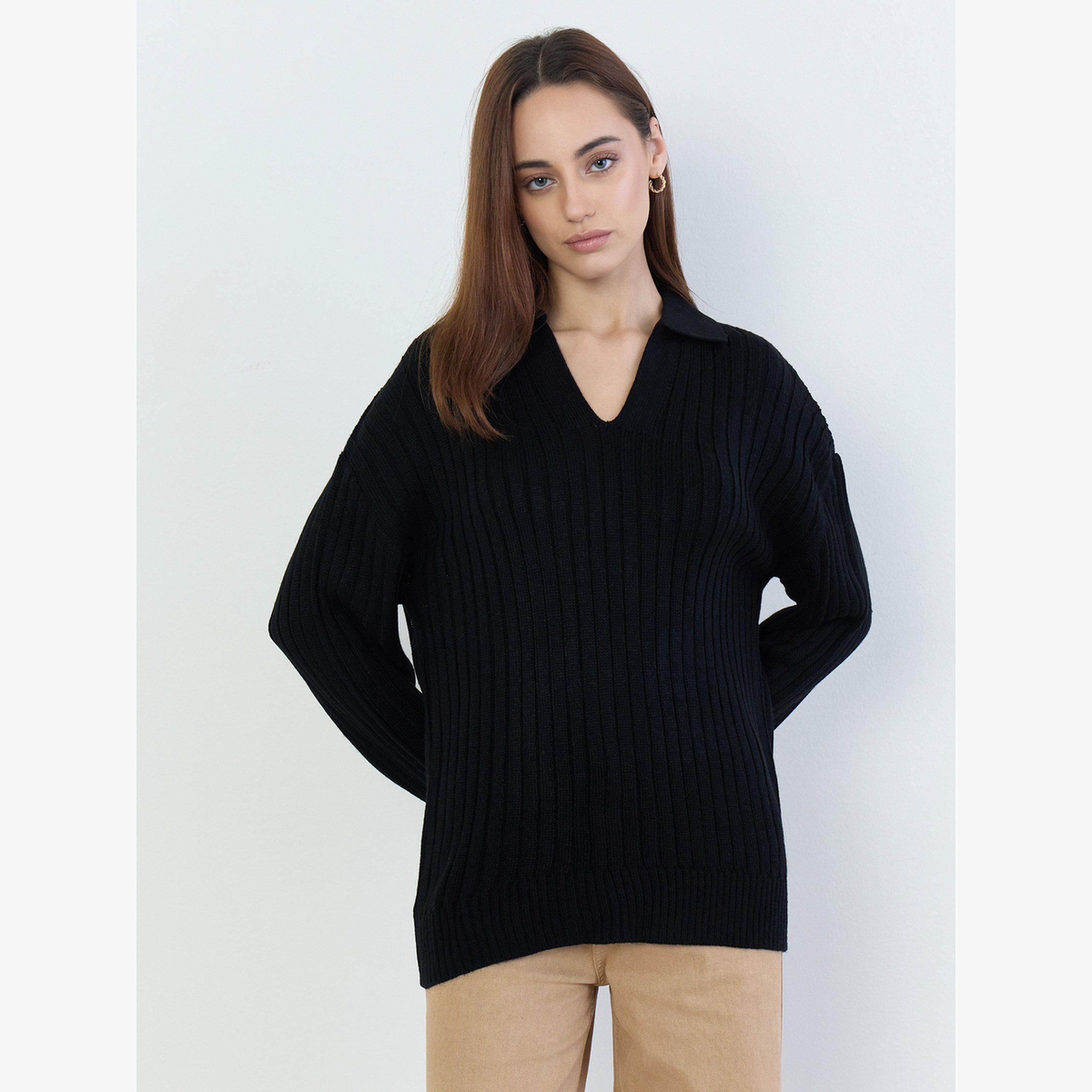 Styli Women Black Ribbed V-Neck Sweater-women-clothing-cardigansandjumpers-jumpers-image-1