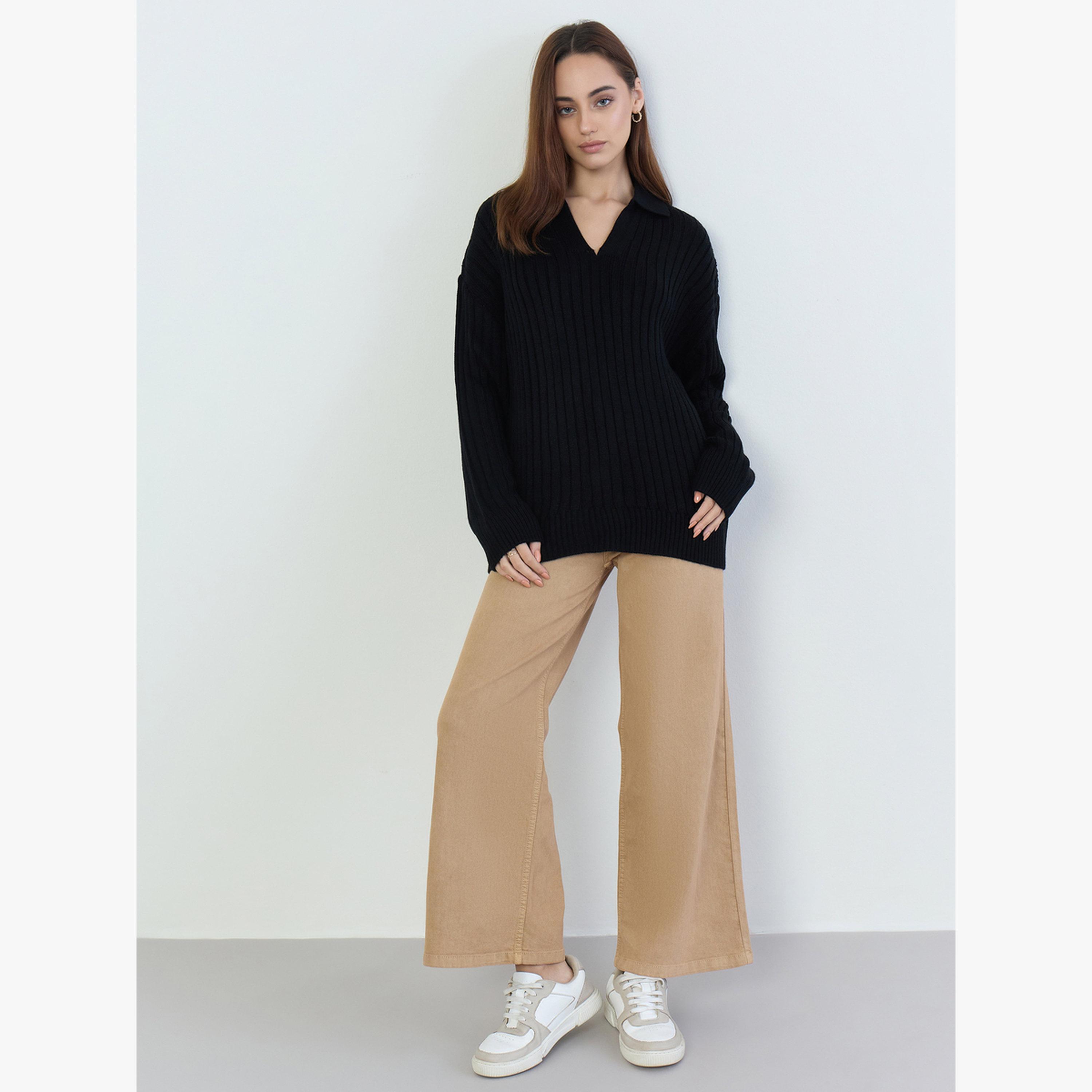 Styli Women Black Ribbed V-Neck Sweater-women-clothing-cardigansandjumpers-jumpers-image-2