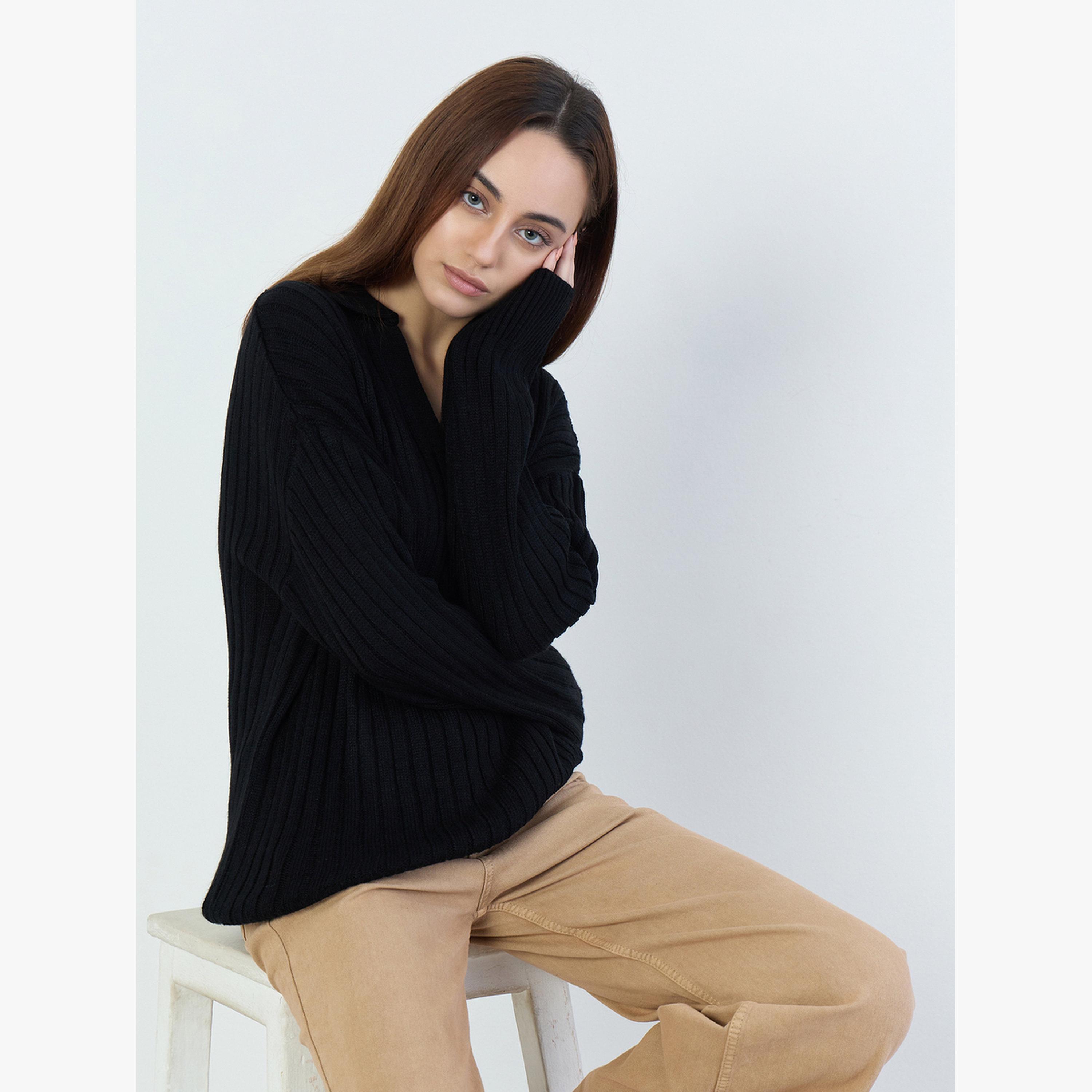 Styli Women Black Ribbed V-Neck Sweater-women-clothing-cardigansandjumpers-jumpers-image-3