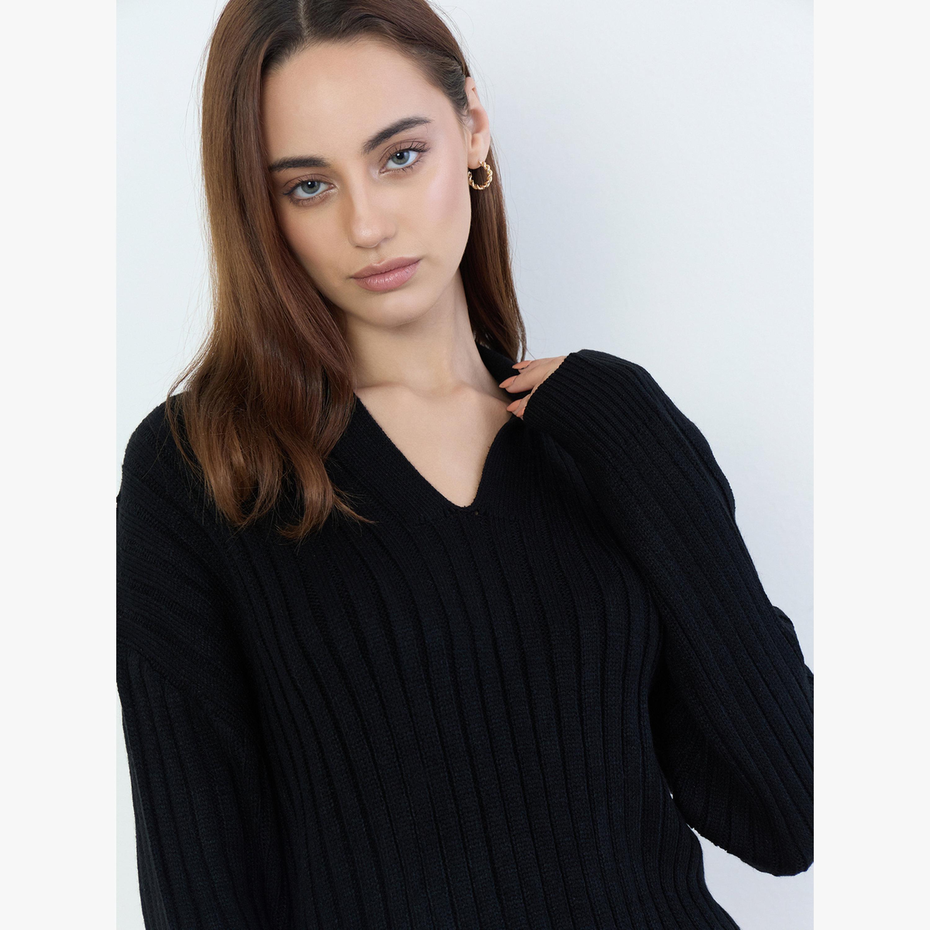 Styli Women Black Ribbed V-Neck Sweater-women-clothing-cardigansandjumpers-jumpers-image-4