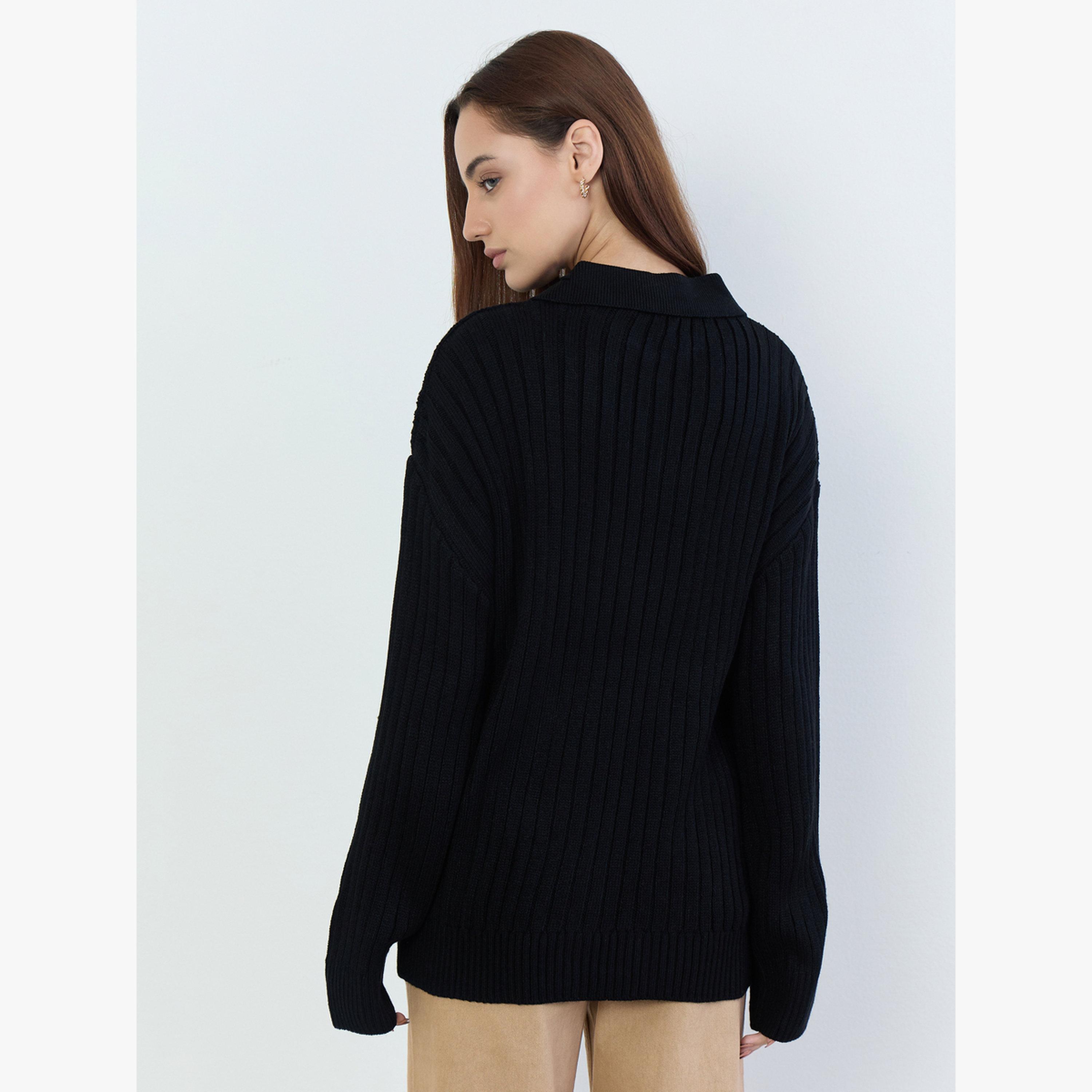 Styli Women Black Ribbed V-Neck Sweater-women-clothing-cardigansandjumpers-jumpers-image-5