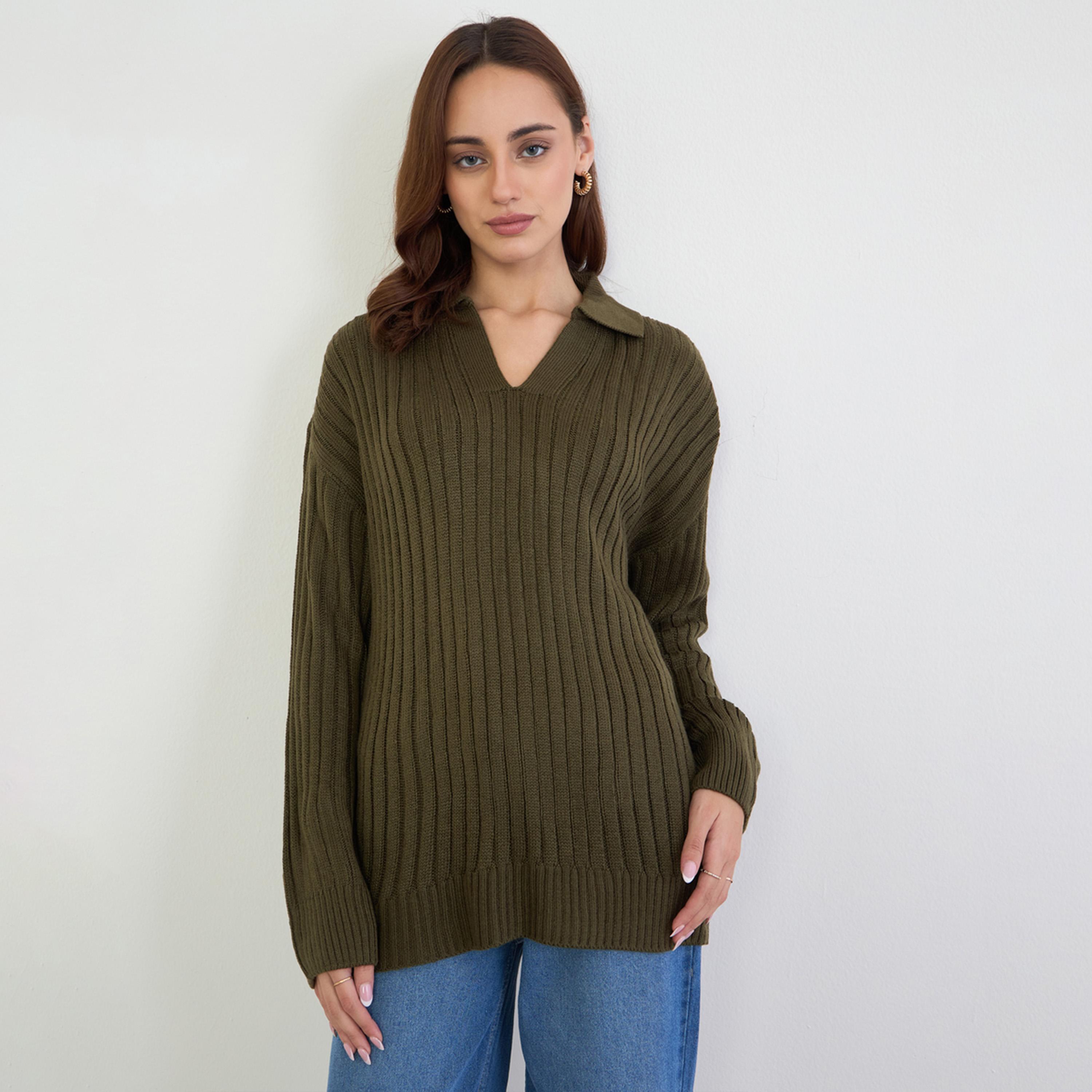 ستايلي - سترة طويلة محبوكة لون أخضر زيتوني-women-clothing-cardigansandjumpers-jumpers-image-1