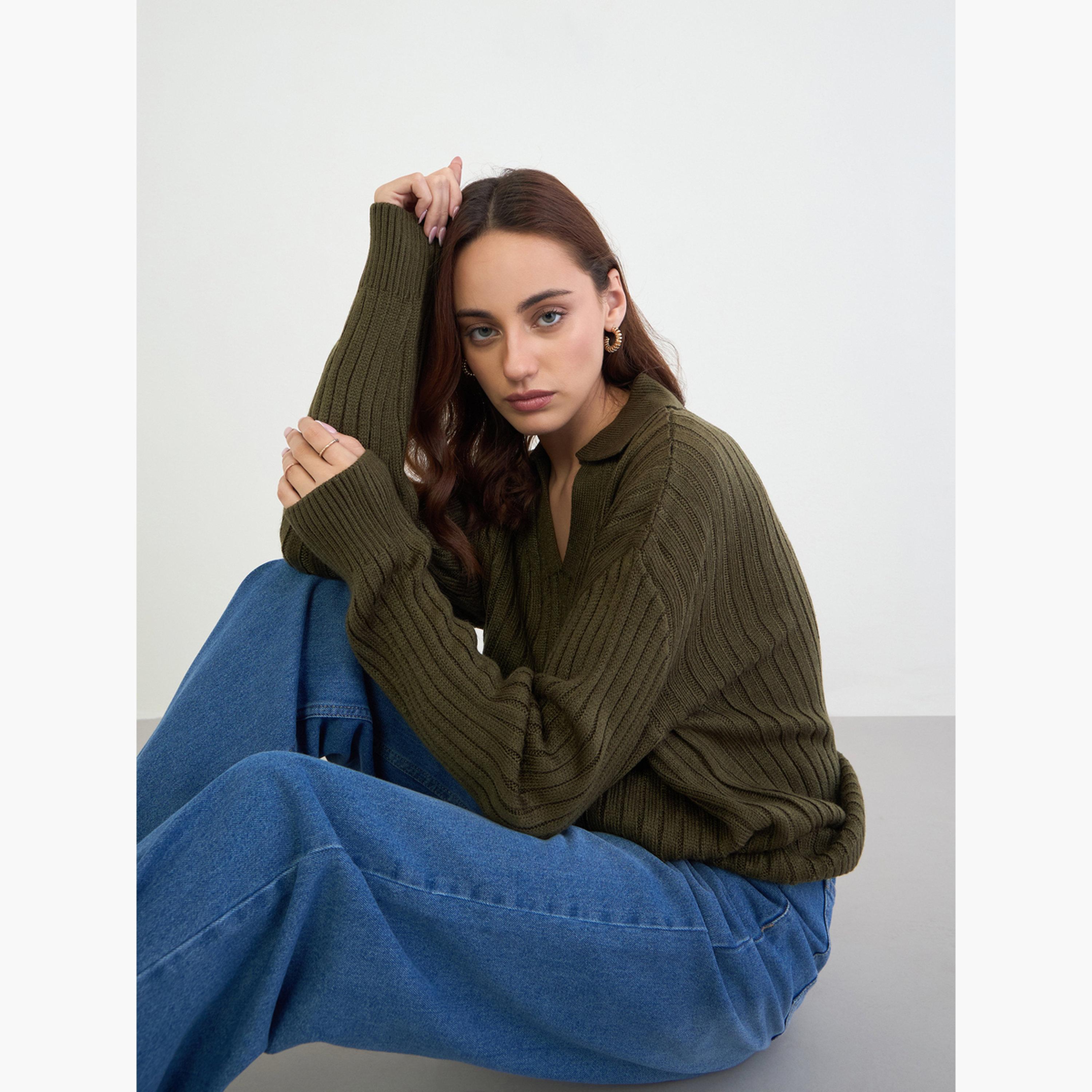 ستايلي - سترة طويلة محبوكة لون أخضر زيتوني-women-clothing-cardigansandjumpers-jumpers-image-3