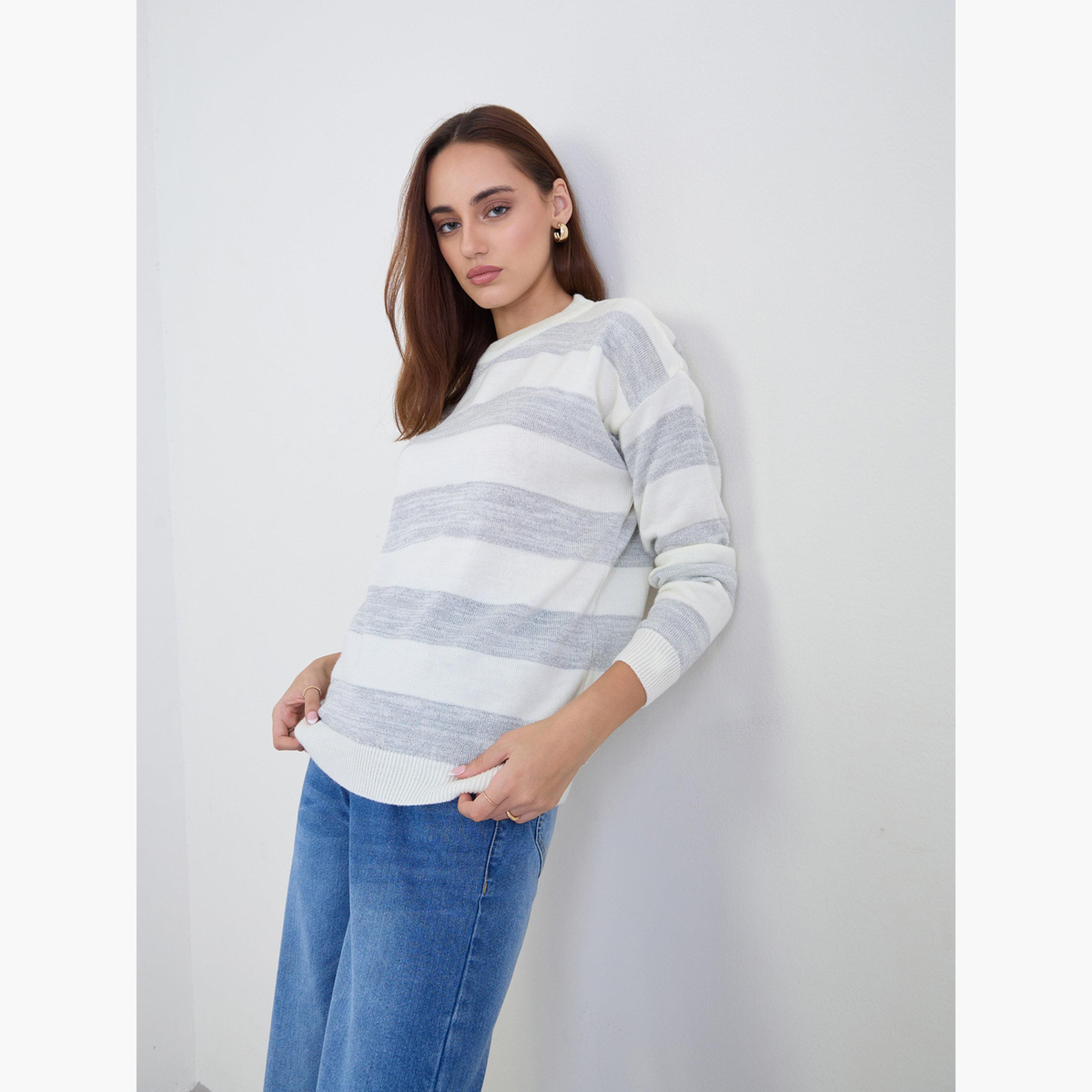 ستايلي - سترة محبوكة مخططة لون أوف وايت للنساء -women-clothing-cardigansandjumpers-jumpers-image-3
