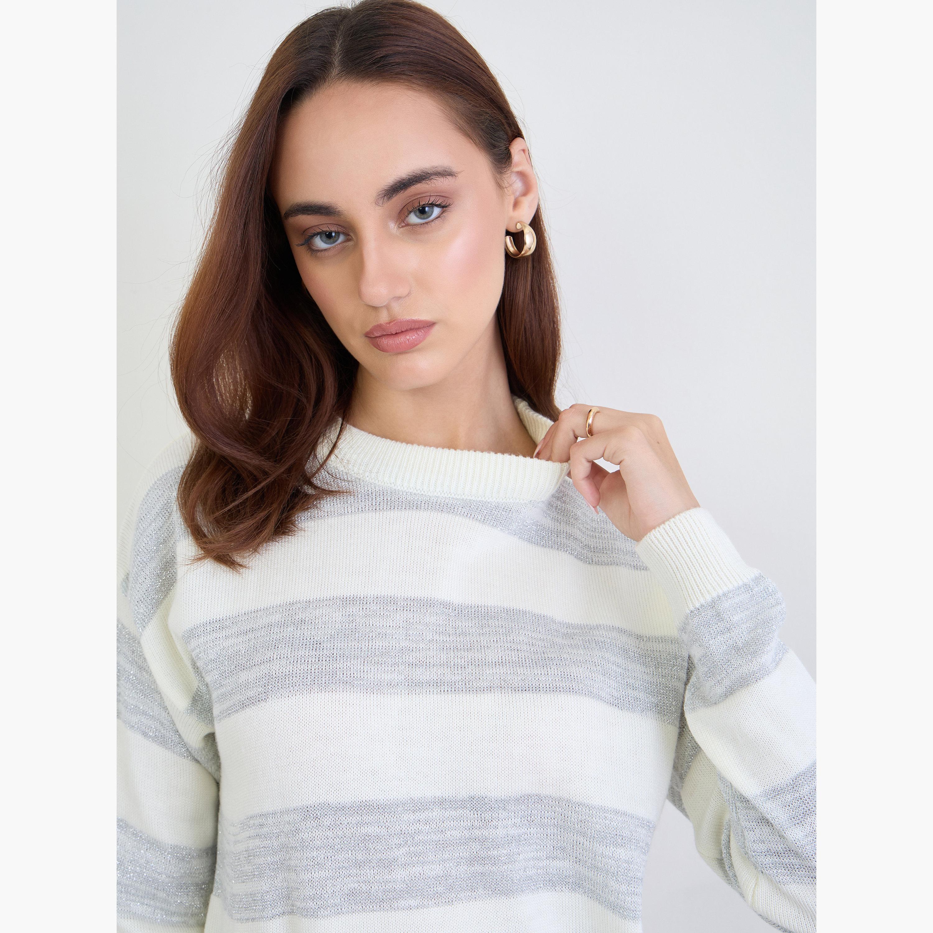 ستايلي - سترة محبوكة مخططة لون أوف وايت للنساء -women-clothing-cardigansandjumpers-jumpers-image-2