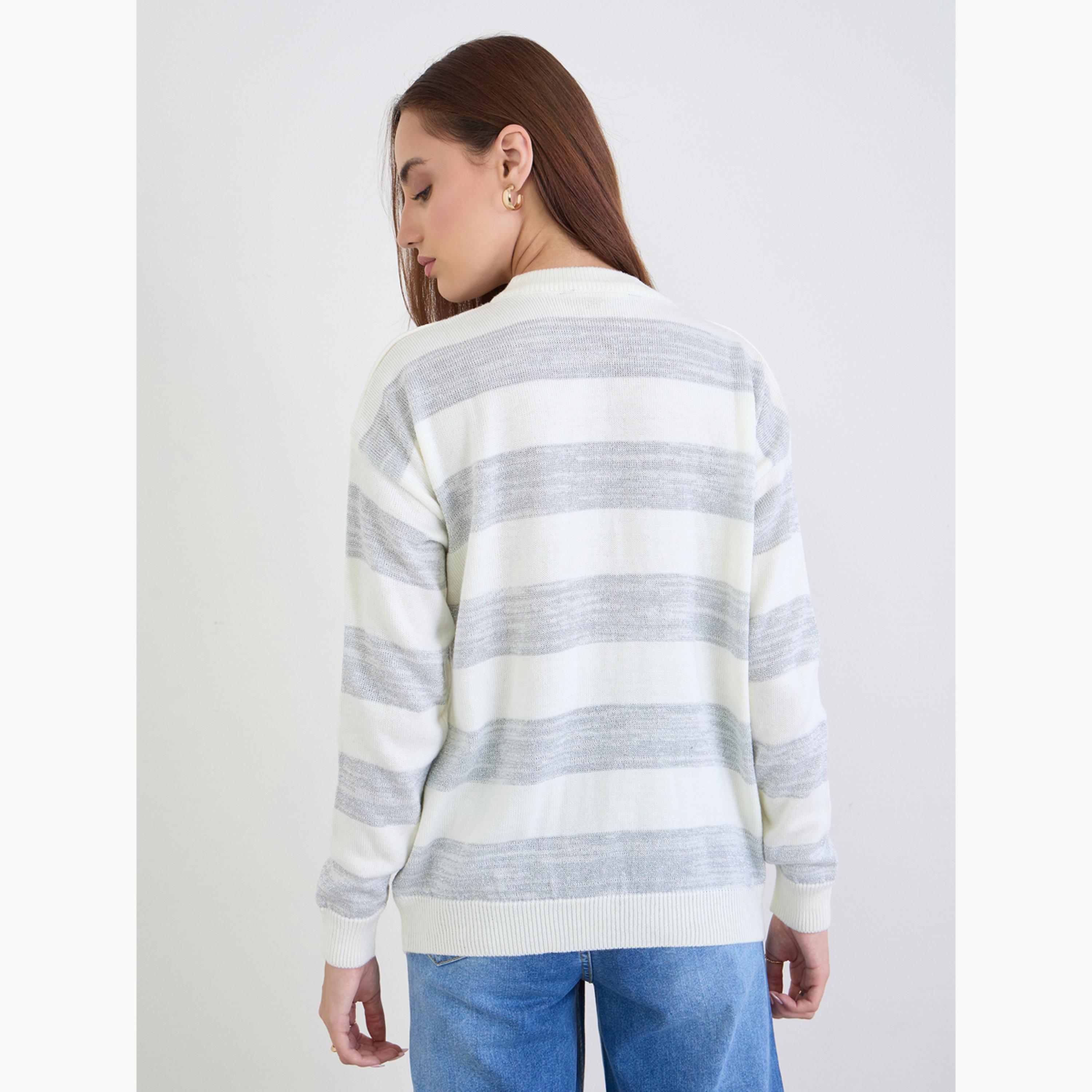 ستايلي - سترة محبوكة مخططة لون أوف وايت للنساء -women-clothing-cardigansandjumpers-jumpers-image-1