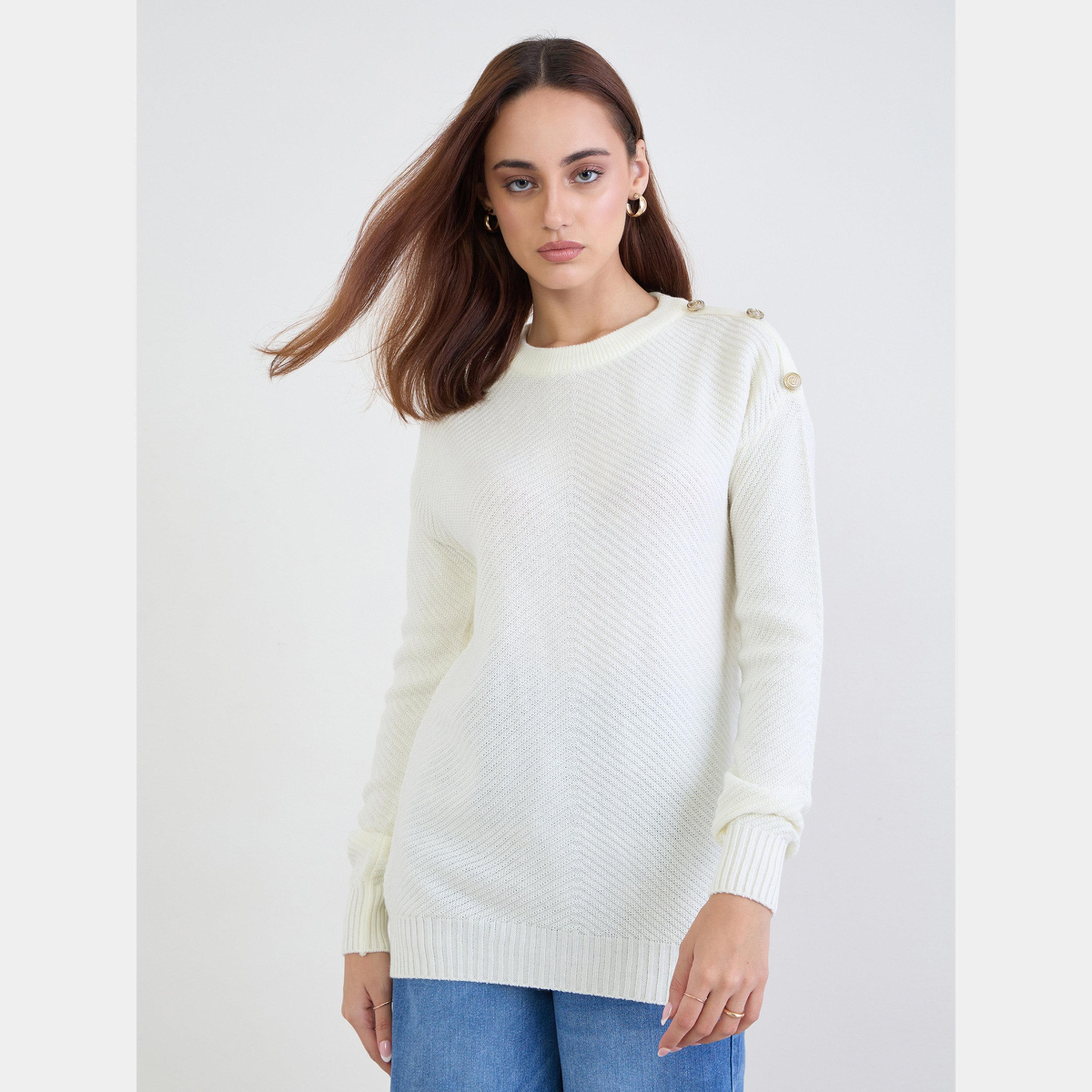 ستايلي - سترة نسائية بأكمام طويلة وياقة مستديرة وتفاصيل أزرار لون اوف وايت-women-clothing-cardigansandjumpers-jumpers-image-5