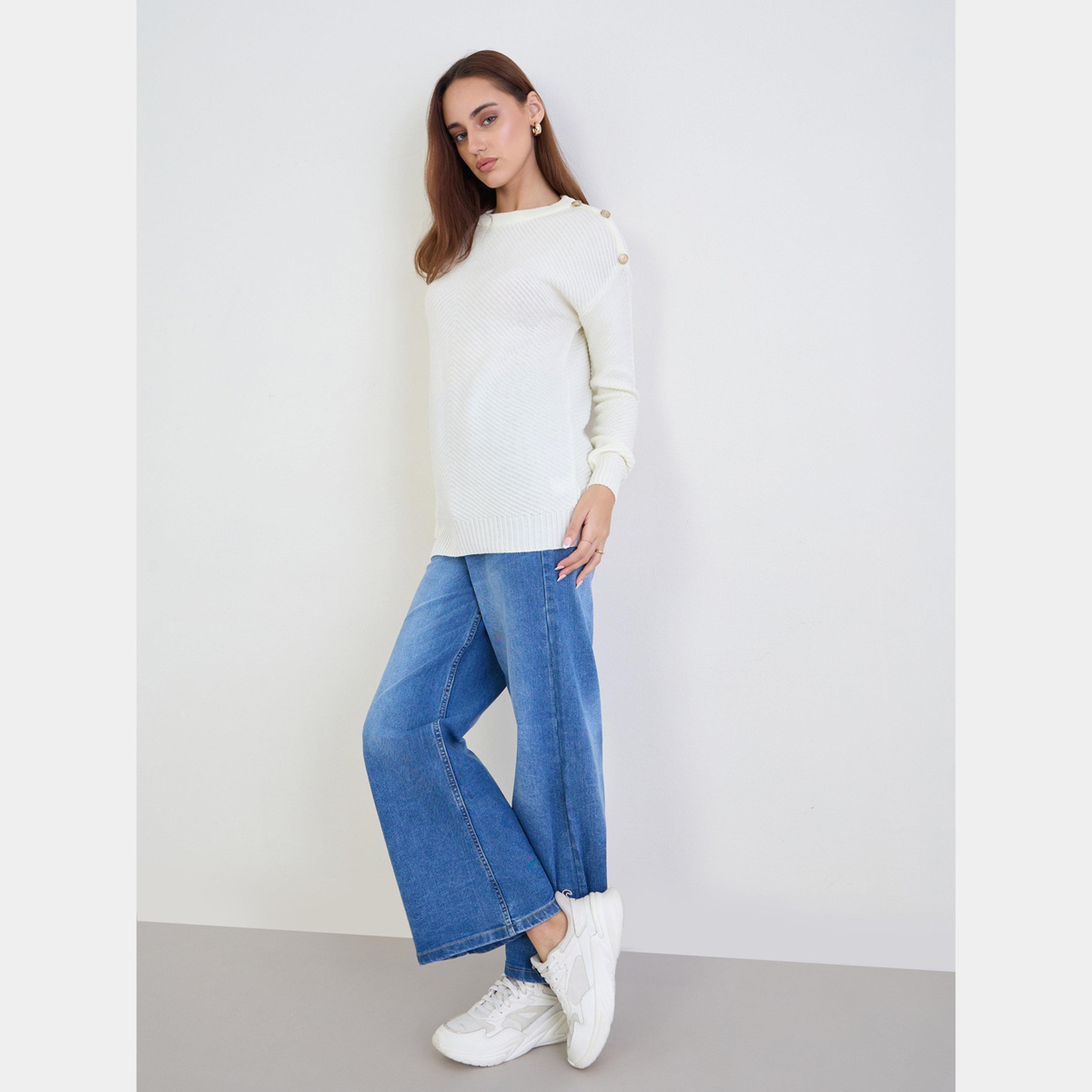 ستايلي - سترة نسائية بأكمام طويلة وياقة مستديرة وتفاصيل أزرار لون اوف وايت-women-clothing-cardigansandjumpers-jumpers-image-4