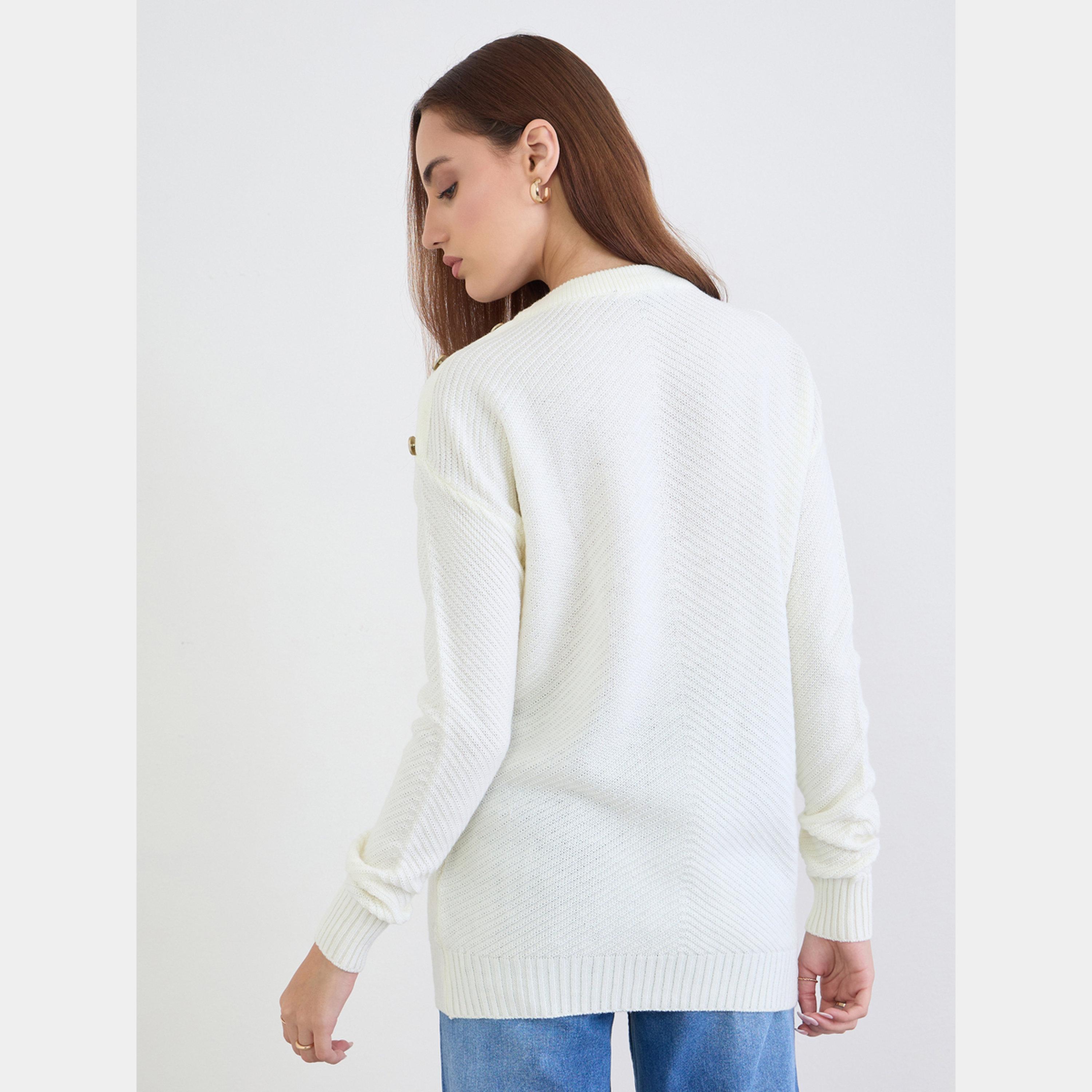 ستايلي - سترة نسائية بأكمام طويلة وياقة مستديرة وتفاصيل أزرار لون اوف وايت-women-clothing-cardigansandjumpers-jumpers-image-1